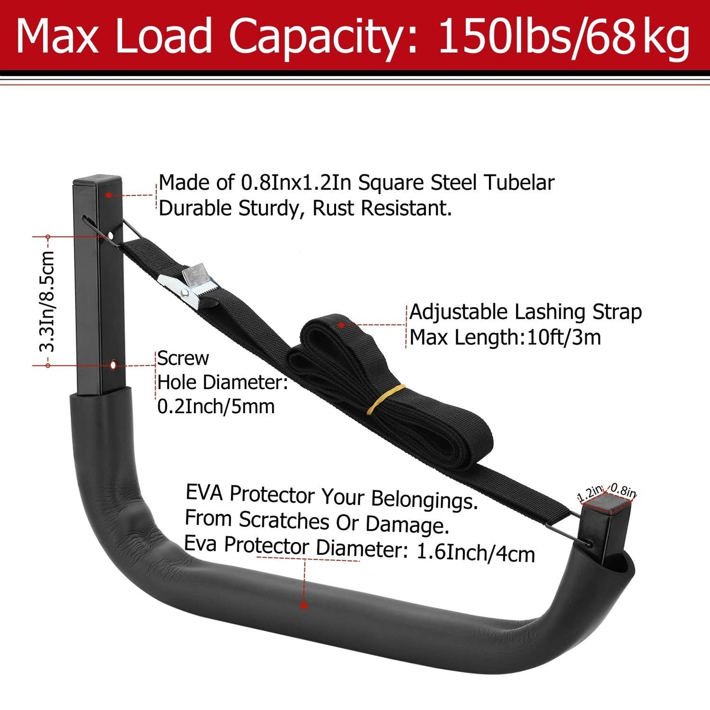 Kayak Storage Hooks, Wall Mount Garage Canoe Storage Hangers for Kayaks or Paddleboards, Heavy Duty Wall Rack (150LBS Capacity)