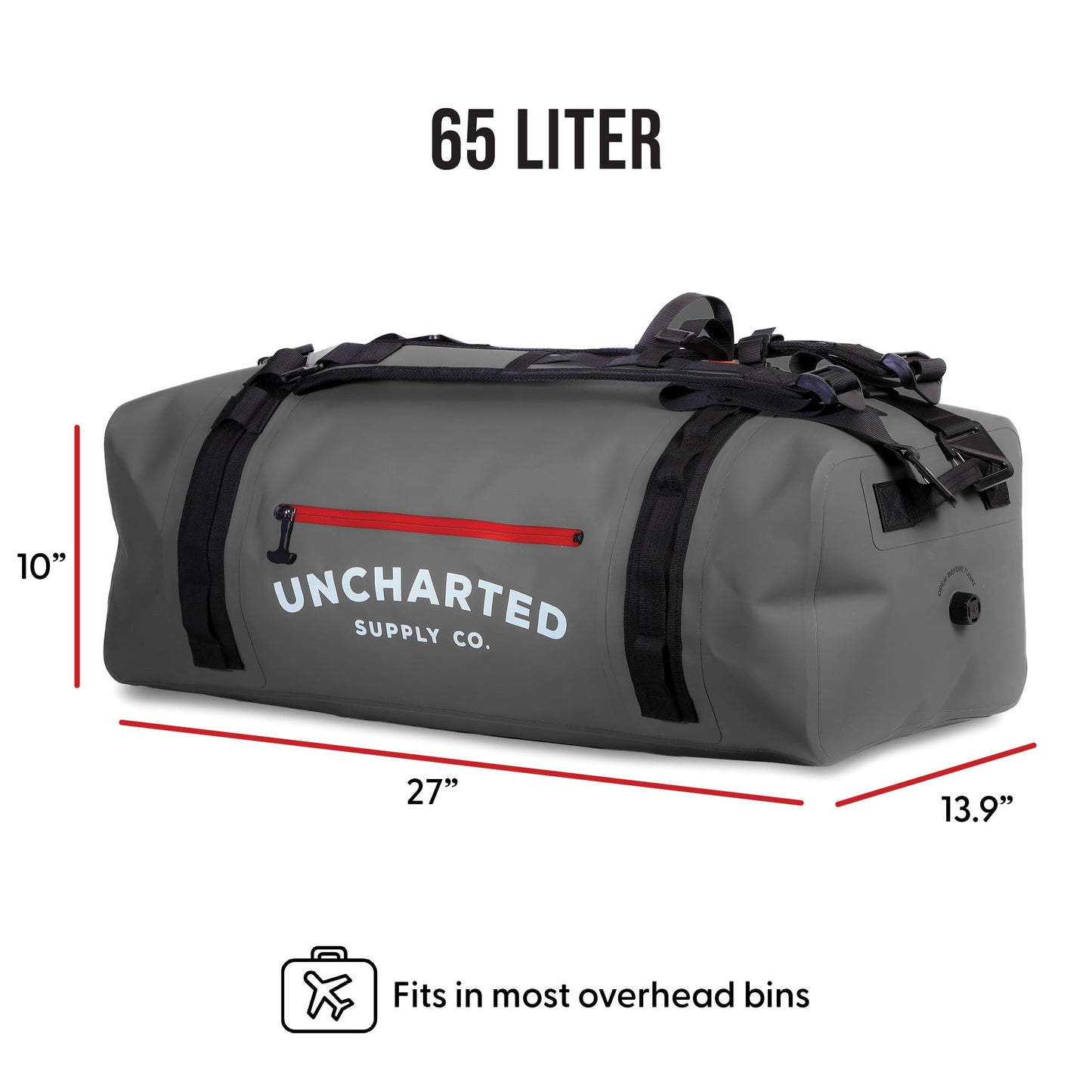 Uncharted Supply Co. The Vault Waterproof Duffel Bag - Airtight bag with Backpack Straps, Carry-On Size, Perfect for travel, boating, camping, recreation. (Gunmetal, 65L)