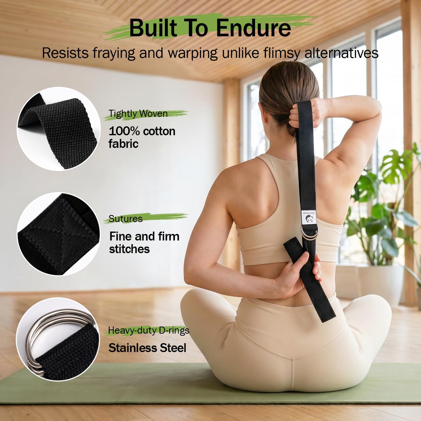 Slim Panda Yoga Strap for Stretching,Cotton Yoga Strap with Adjustable D-Ring Buckle,Non-Elastic Yoga Belt for Pilates,Gym Workouts,Physical Therapy,Improve Flexibility