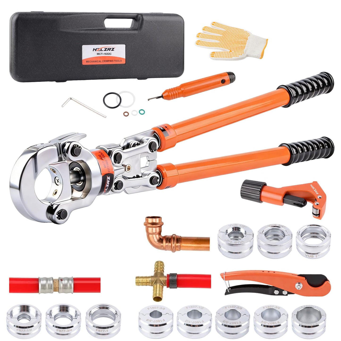 HZLZRZ Professional Universal Pipe Crimping Tool Kit, 6 Dies for Copper 1/2" 3/4" 1" and F877 PEX, with 3/8",1/2",5/8",3/4",1" ASTM F1807 PEX Rings and Pipe Cutter, Pro Press Crimper (MCT-1632C)