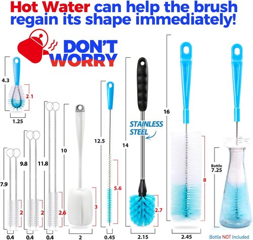 Holikme Bottle Brush Set - Long Handle Tube Cleaner for Narrow Neck Beer & Wine Decanters | White