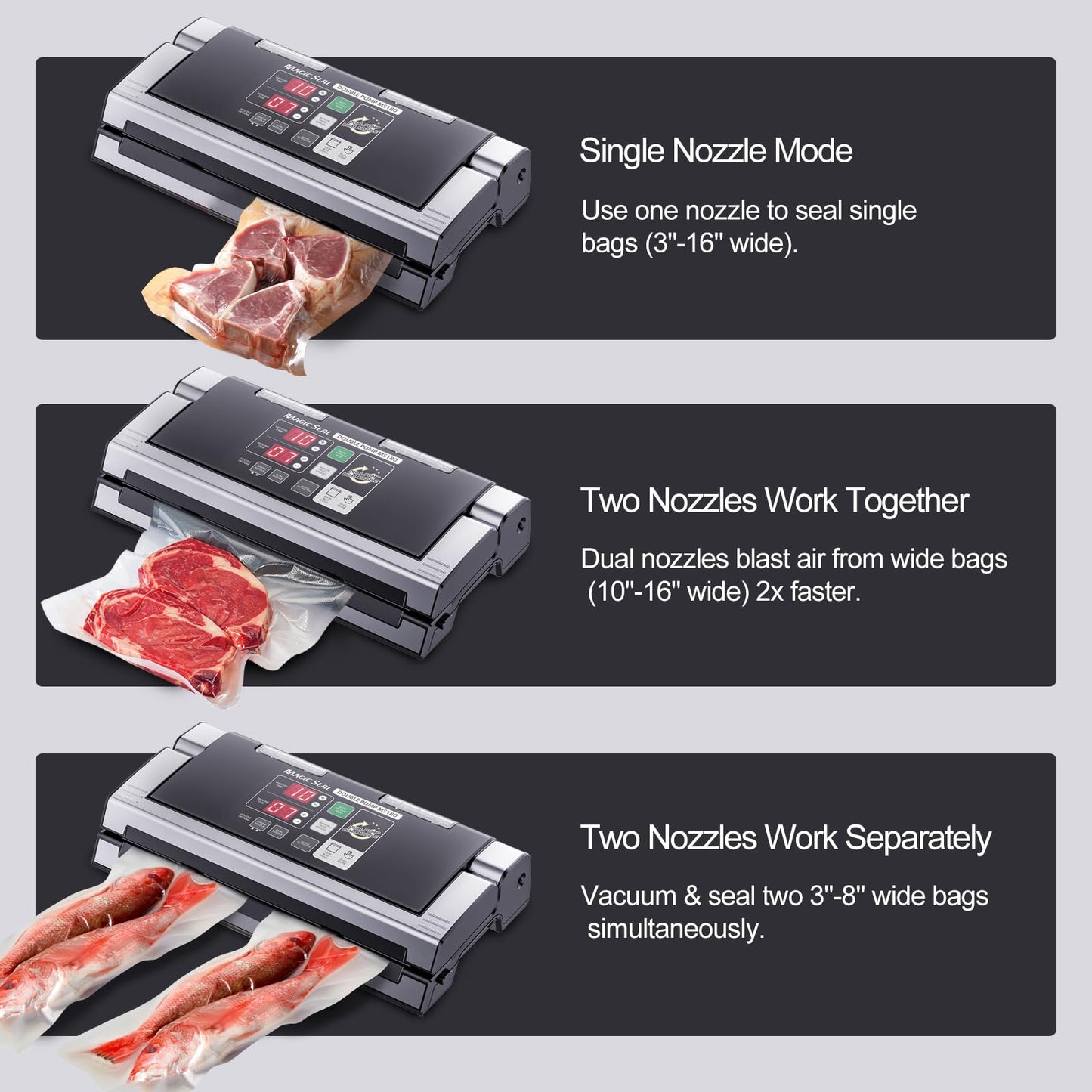 MAGIC SEAL 16-Inch Nozzle Vacuum Sealer for Food Storage - Works with Mylar & Smooth/Non-Textured Bags, No Textured Bags Needed, 250W, 8mm Extra-Wide Seal - MS180