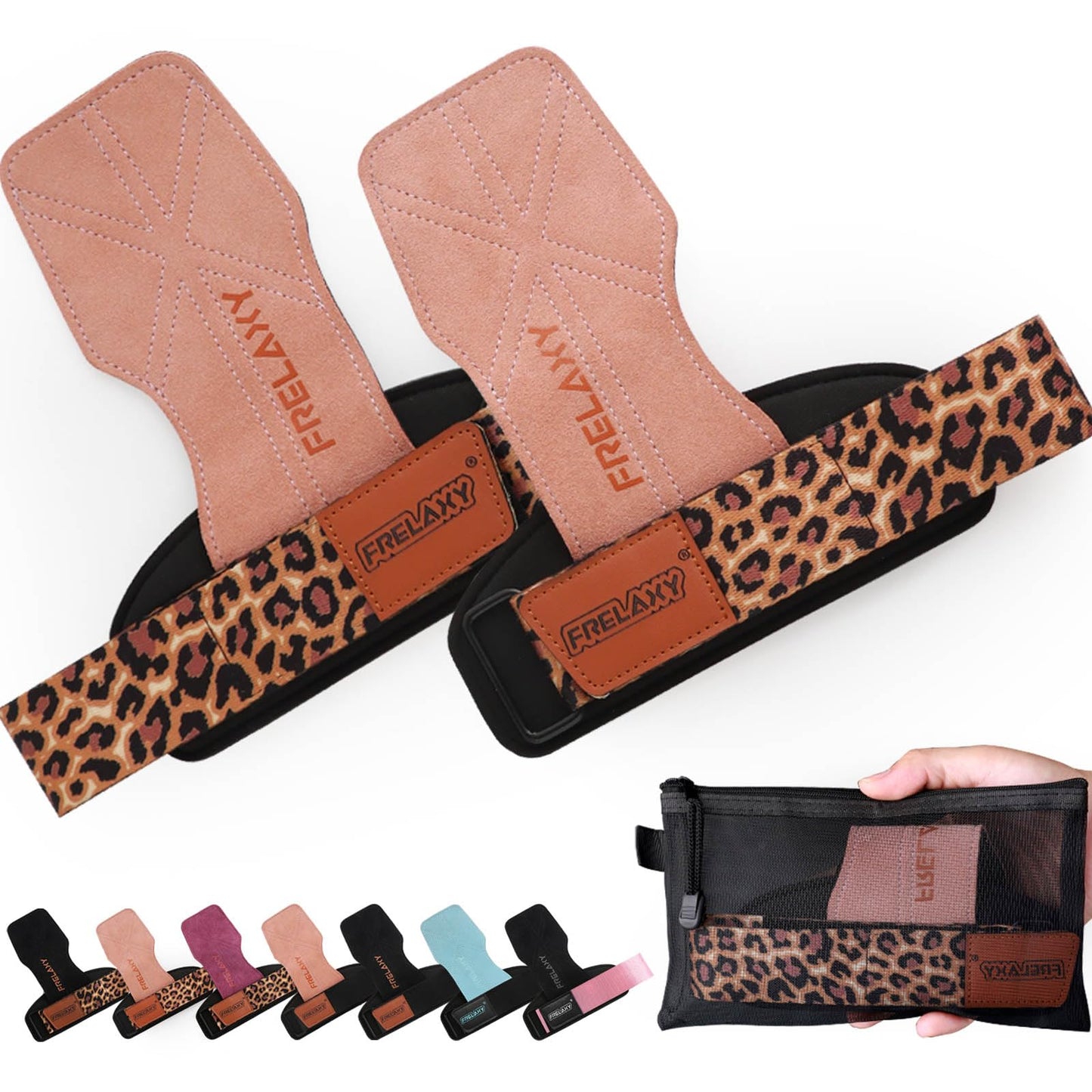 Frelaxy Lifting Wrist Straps Women and Men, Weight Lifting Grips with Cushion Wrist Loop, Double Layer Leather and Storage Pouch, Gym Workout Straps for Deadlift and Powerlifting