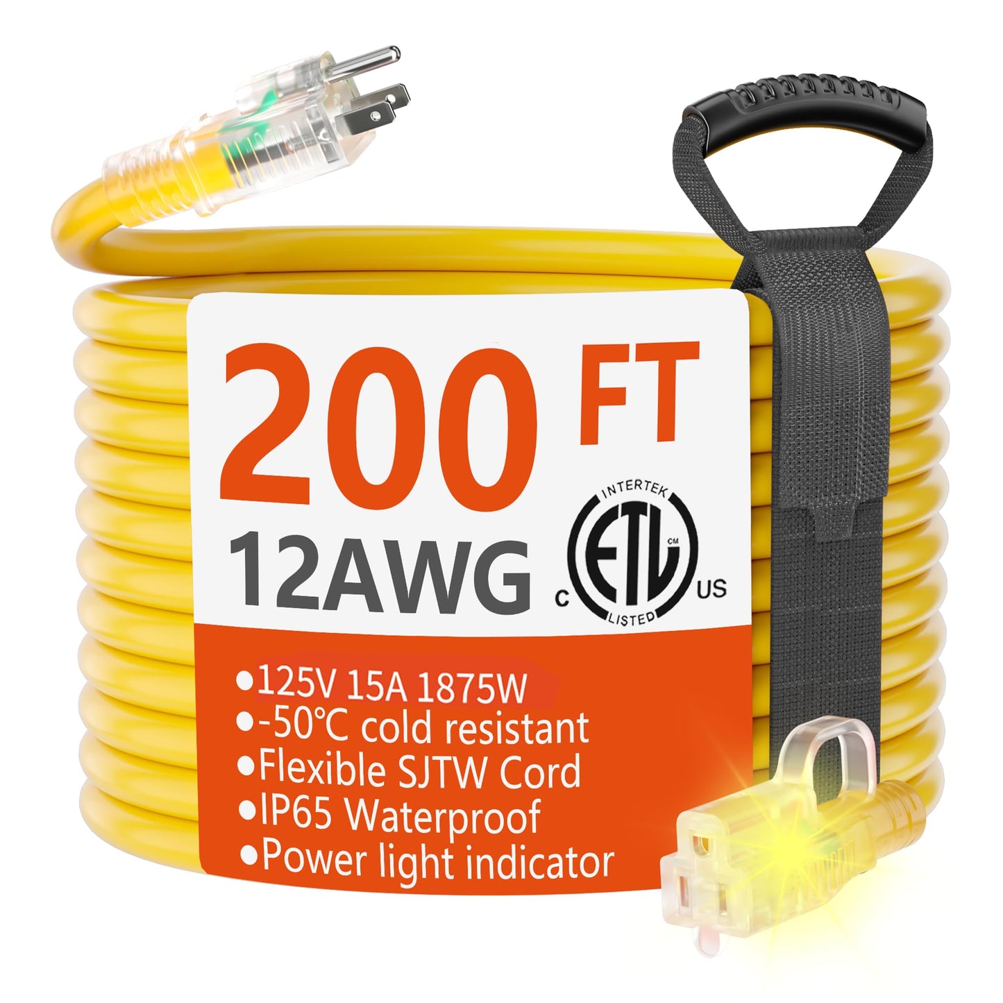 HUANCHAIN 200 ft 12/3 Gauge Outdoor Extension Cord Waterproof Heavy Duty with Lighted end, Flexible 3 Prong Electric Cord Outside, 15Amp 1875W 12AWG SJTW, Yellow, ETL