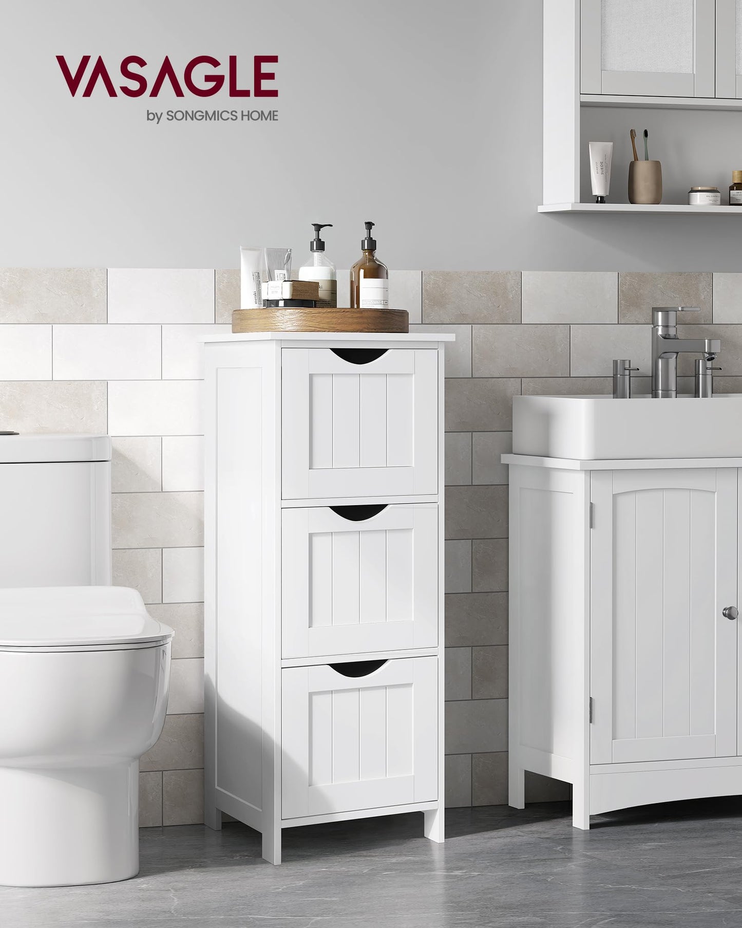 VASAGLE Floor Storage Cabinet, Freestanding Storage Unit with 3 Drawers, 11.8 x 12.6 x 31.9 Inches, for Bathroom, Living Room, Kitchen, Modern Style, Matte White UBBC050WH01S
