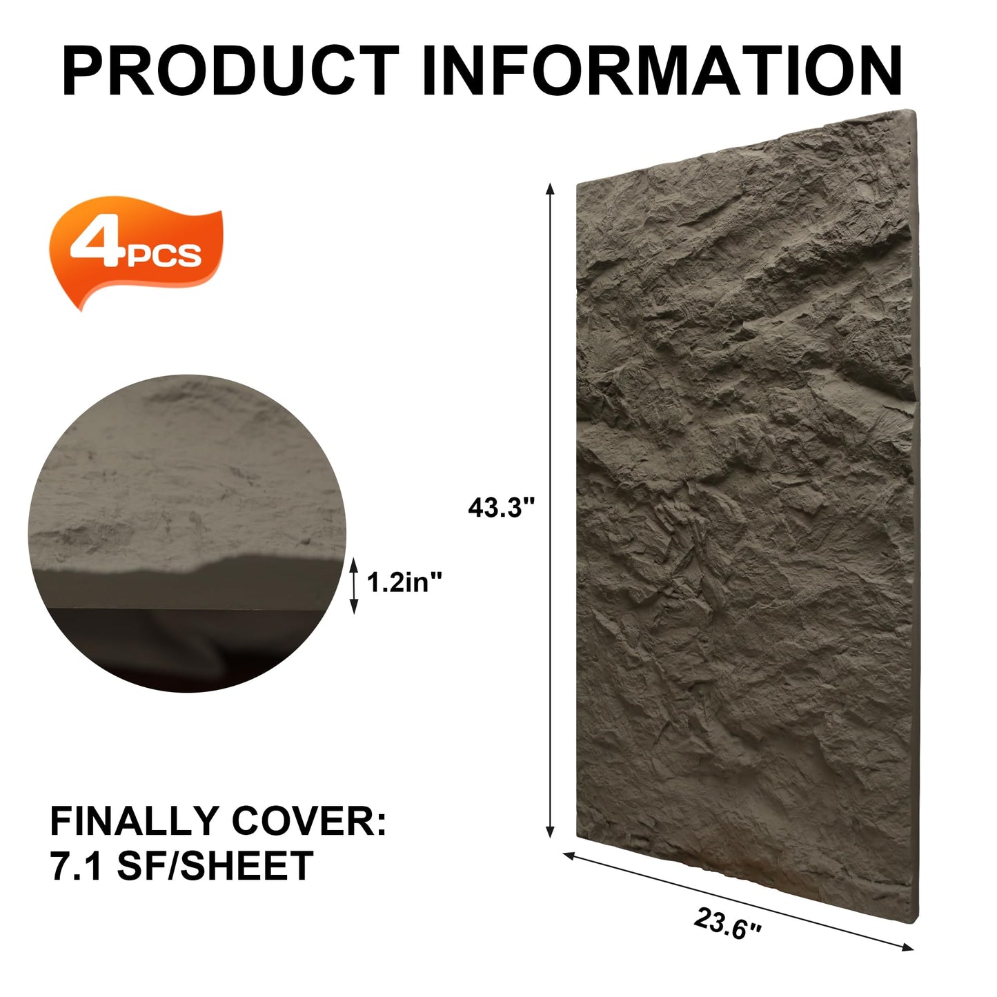 KASARO 3D Faux Stone Wall Panels, 4 PCS PU Wainscoting Panel for Interior Wall Decor, Cement Texture Thicker Accent for Home, Office, 43.3 × 23.6 inch, Grey