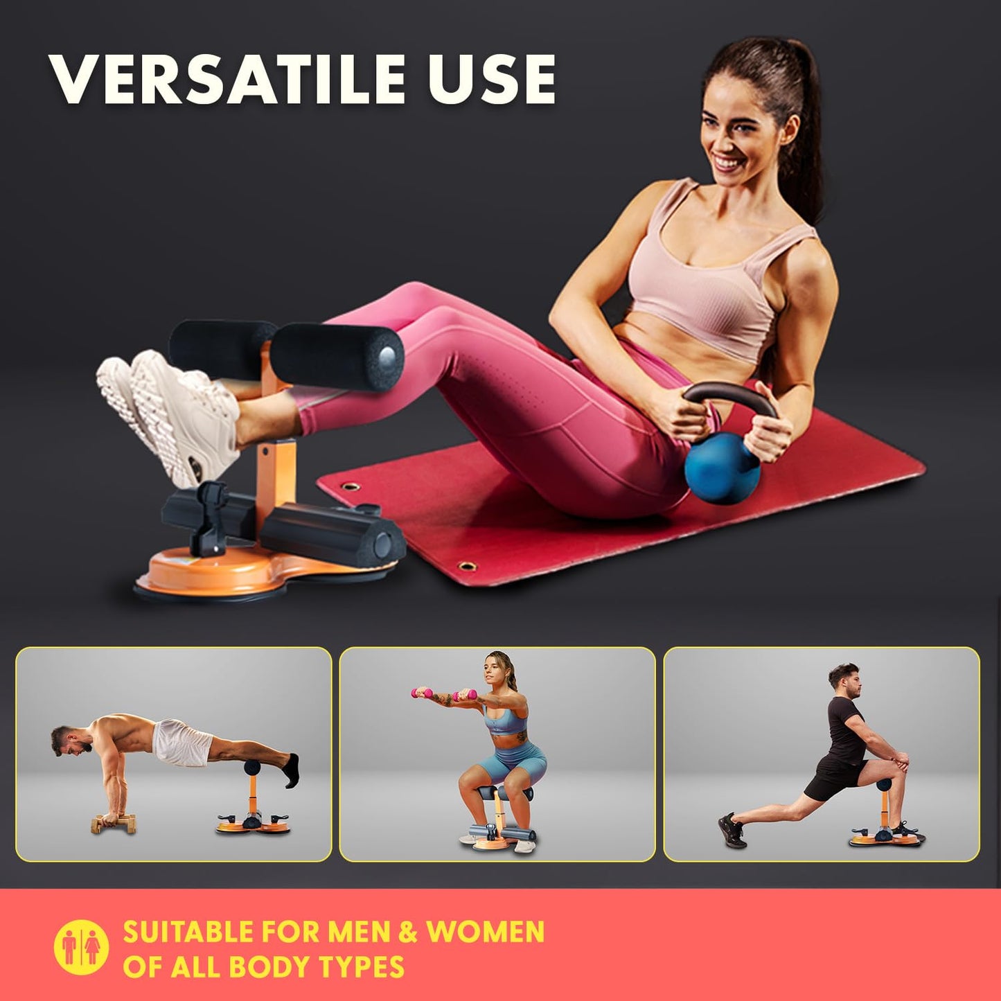 SQUATZ Portable Sit Up Bar Floor Holder with 2 Strong Suction Cups for Abs, Pull Up Bar, Sticky Pad, Adjustable Foot Holder for Thigh, Workout for Office Home Gym for Men and Women, Support 661 lbs