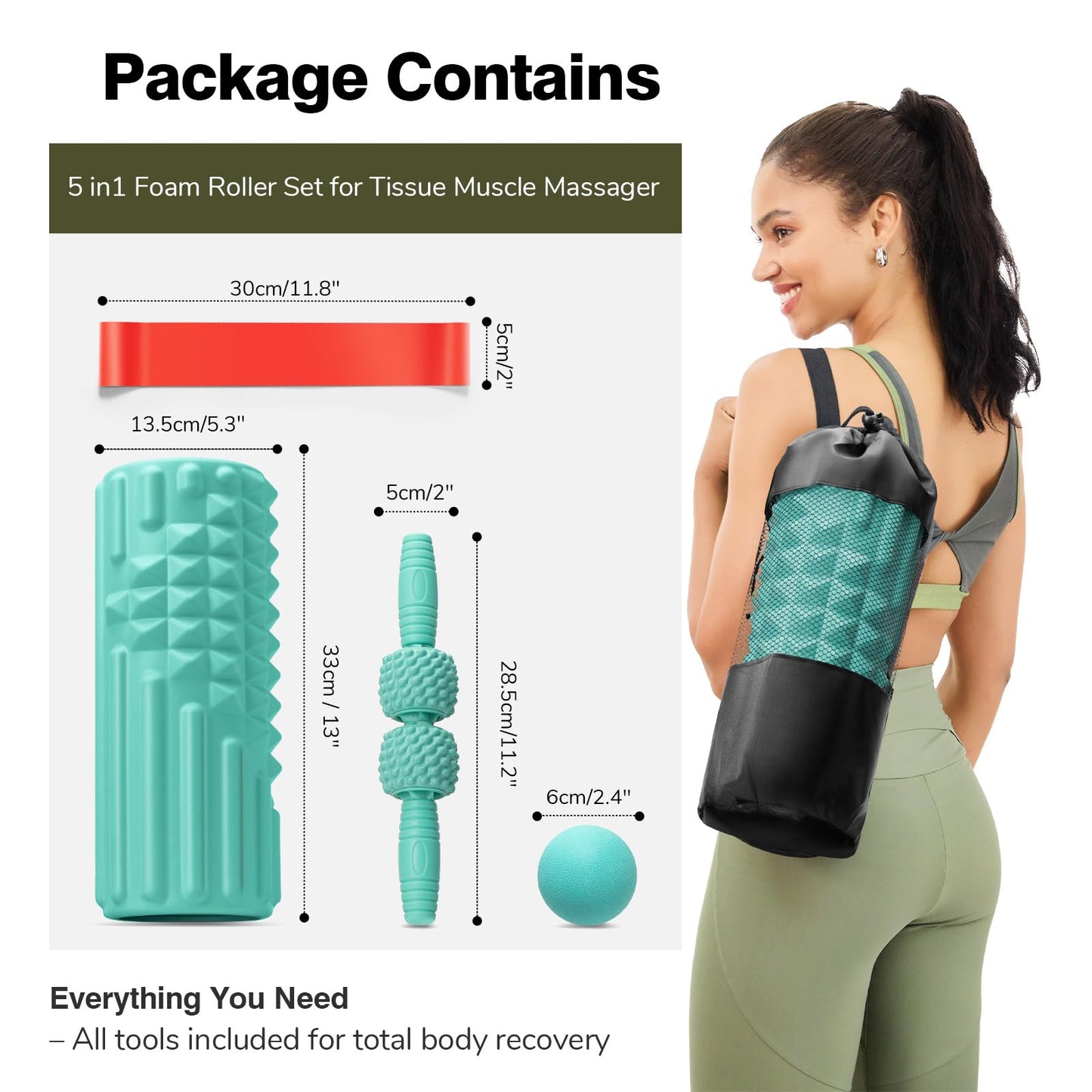 LTHTRADE 5 in 1 Foam Roller Set - Back Roller Foam, Massage Roller Stick, Massage Ball, Resistance Band for Physical Therapy & Deep Tissue Muscle Massage (Green)