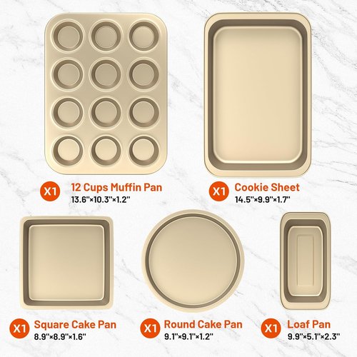CasaCulina Nonstick Baking Pans Set - 5-Piece Bakeware with Round, Square, Muffin & Loaf Pans | Gold Finish