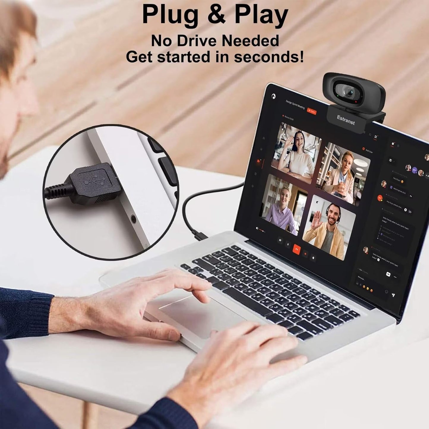 Estranst 1080P Webcam for PC Laptop MacBook Computer Desktop, with Microphone & Privacy Cover & USB C Adapter