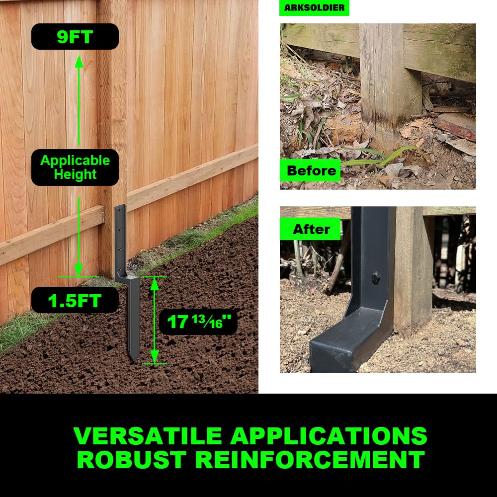 ARKSOLDIER Fence Post Repair Kit - One-Piece Steel Anchors & Stakes to Quick Fix Broken/Leaning 4x4/6x6 Wood Posts Support (Thickened 11-Gauge, 4-Pack)