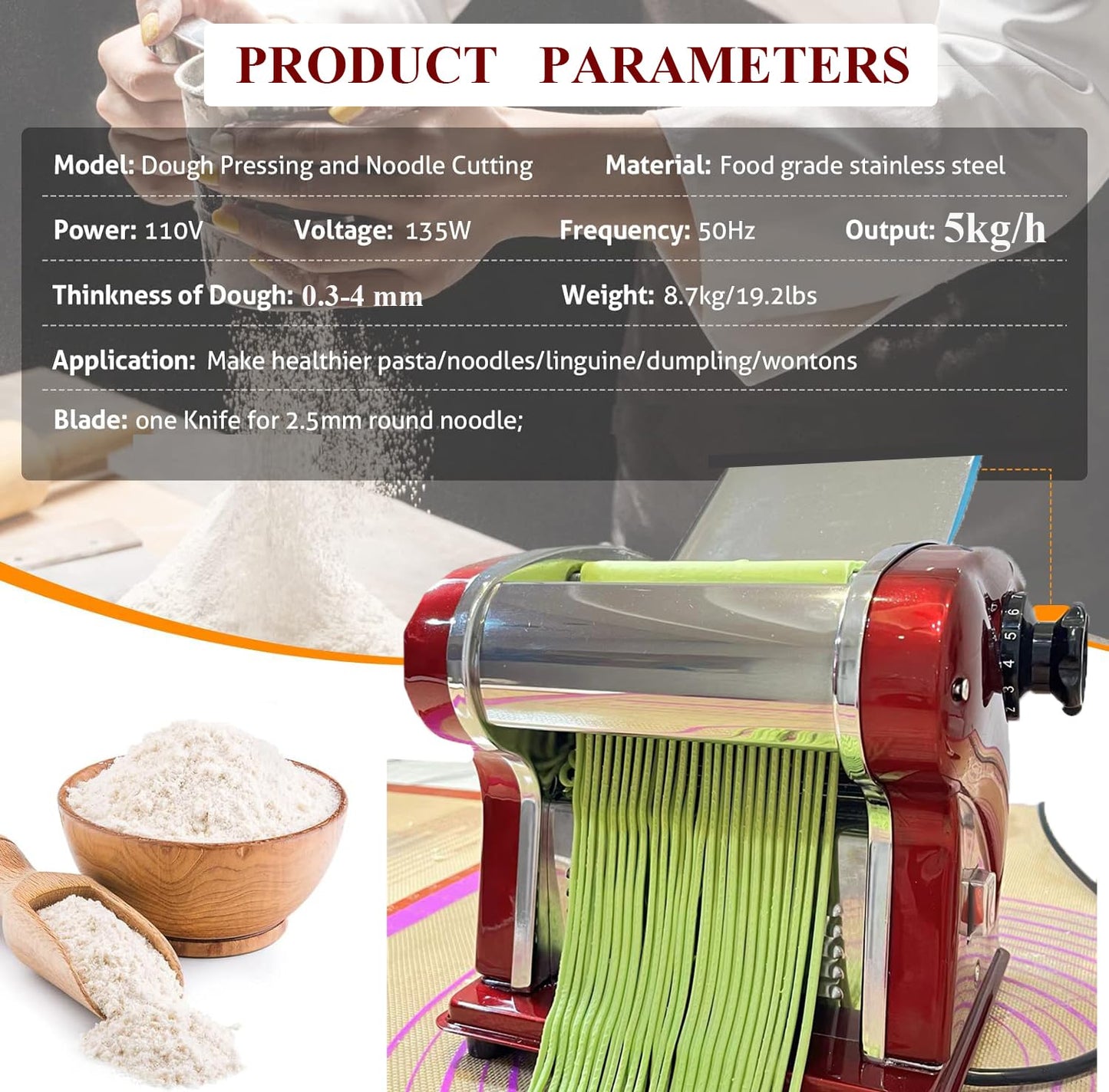 SHILINTONG Electric Pasta Noodle Maker Machine, Built-in 2.5 mm Blade, Dough Width 14 cm, 0.3-4 mm Adjustable Thickness, Output 5Kg/H for Home & Commercial Use