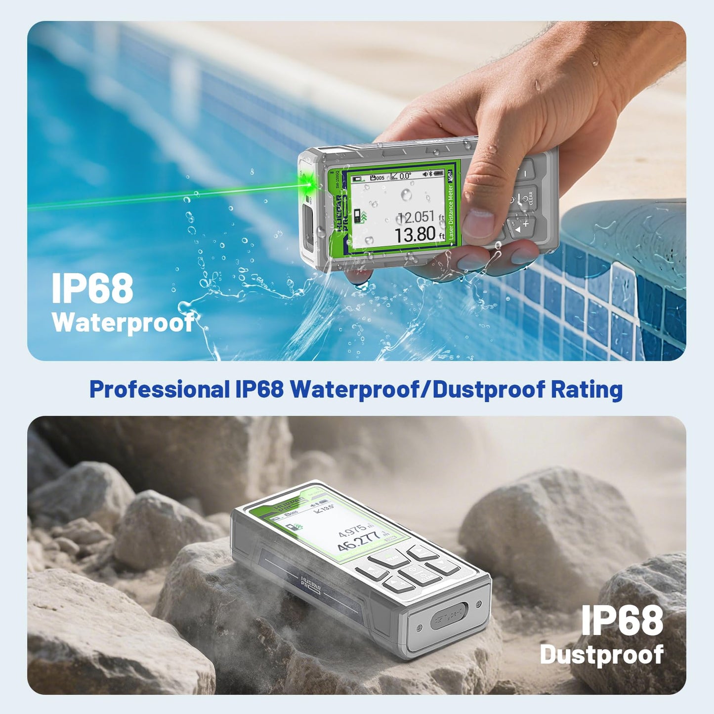 Huepar Pro Laser Measuring Tool, 495Ft Outdoor Laser Measure with Camera&Bluetooth Connected, Green Laser Distance Meter with P2P Technology, Free APP, IP68, Micro USB Cable, Hand Strap&Pouch-SW-150GQ