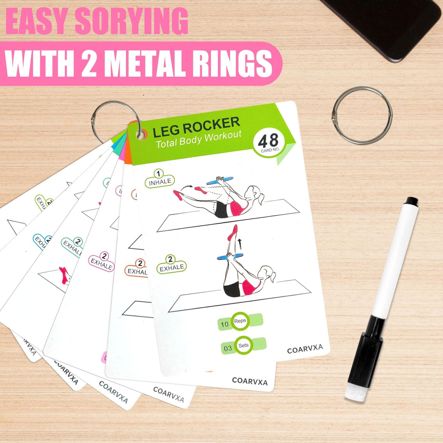 COARVXA Pilates Ring Workouts for Women-58 Exercise Cards with Pilates Mat Workout Postures，ncludes 4-Week Challenge,2 Rings& Dry-Erase for Easy Organization-Home, Gym or Studio