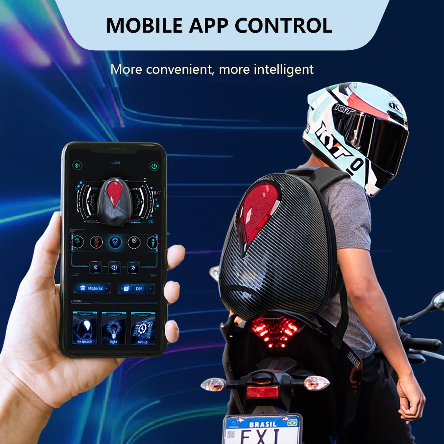 XMYIQI LED Motorcycle Backpack with Helmet Compartment | APP Controlled Display Bag | Waterproof Hard Shell | 30% Expandable | for Riders Construction Workers Commuters |Battery not included