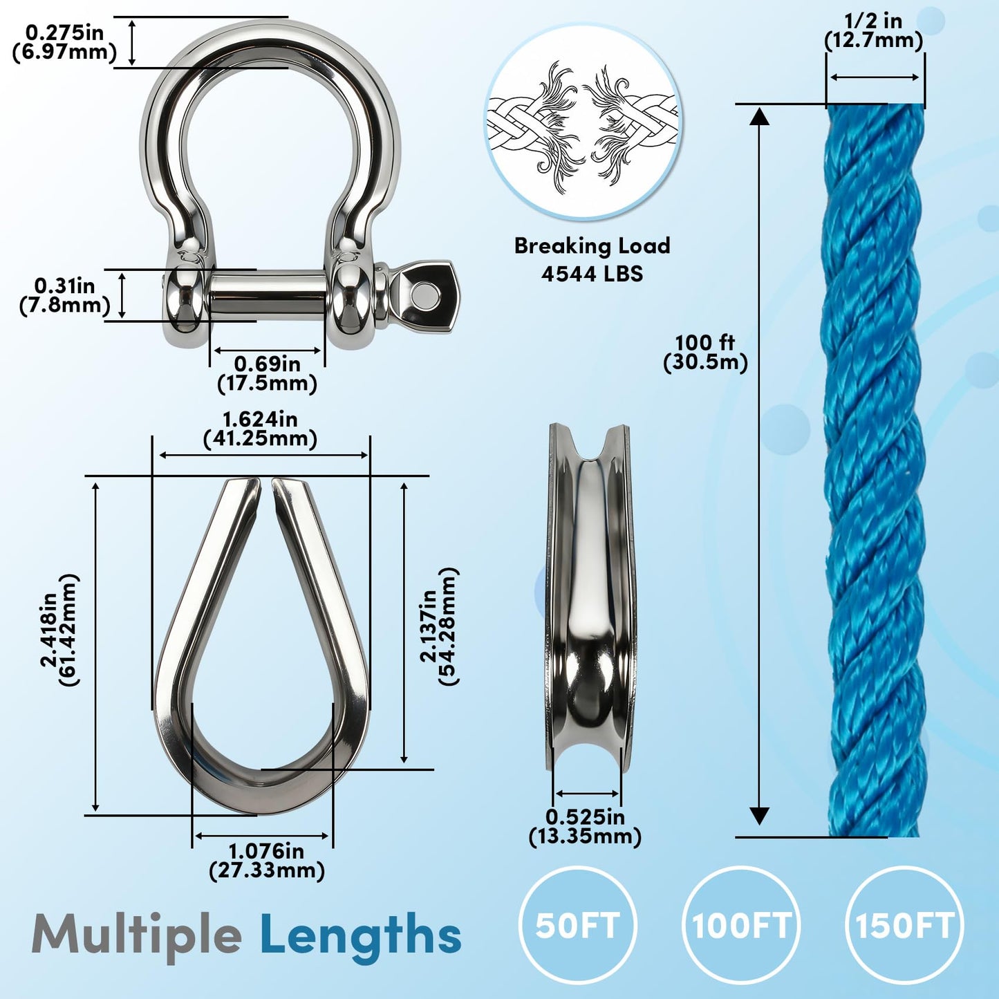 Anchor Rope 1/2 Inch 100 FT, Anchor Line 3 Strand Boat Rope with Stainless Steel Thimble & Shackle, Boat Anchor Rope Ideal for Towing Docking Mooring Boats Up to 35' - Lake Blue