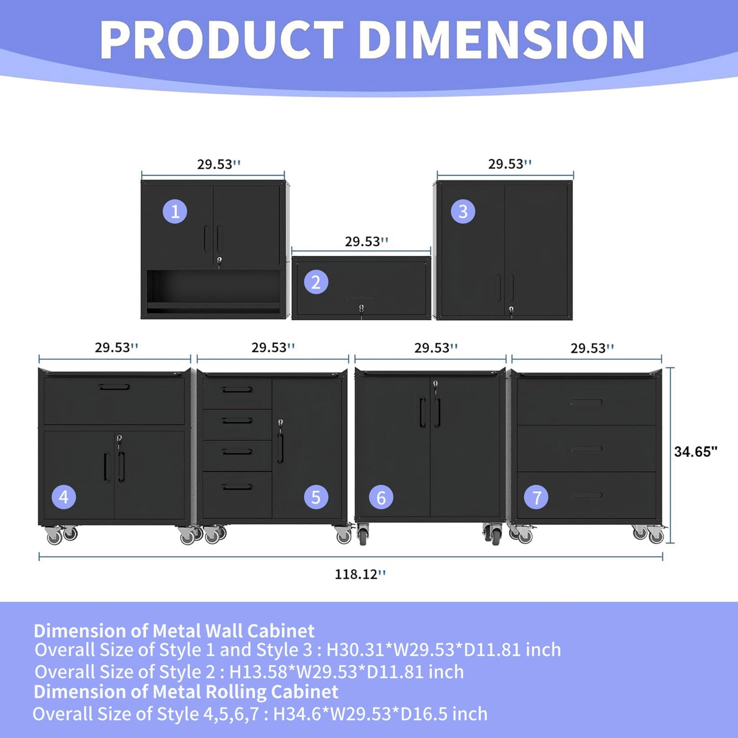EKJ Garage Storage Cabinet System 6pcs Heavy Duty Workshop Set Wall Cabinet Lockable Rolling Tool Cabinets with Adjustable Shelves Metal Garage Storage Cabinets