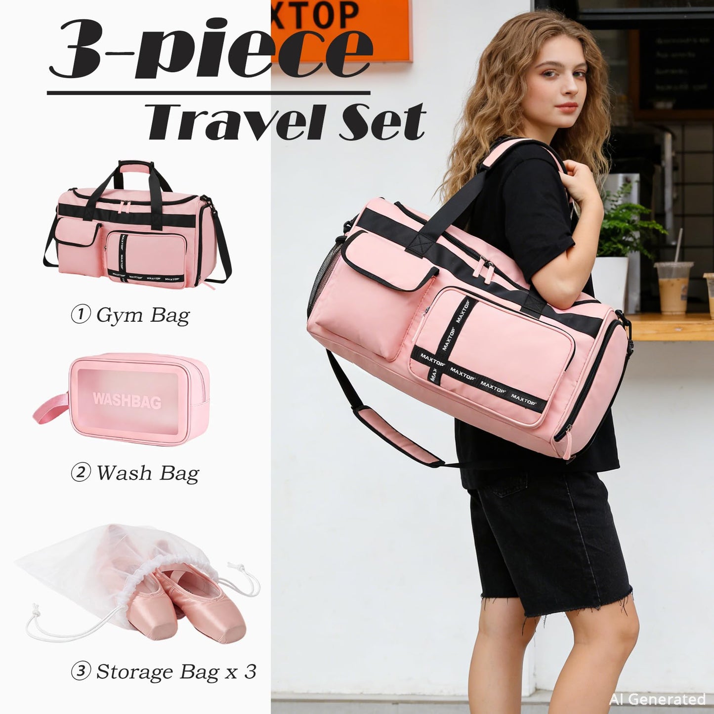 MAXTOP Gym Bag for Women Travel Duffle Carry On Tote Weekender Bag Large Capacity Pink Overnight Bag With Shoe Compartment Gym Tote Bag with Dry and Wet Separation
