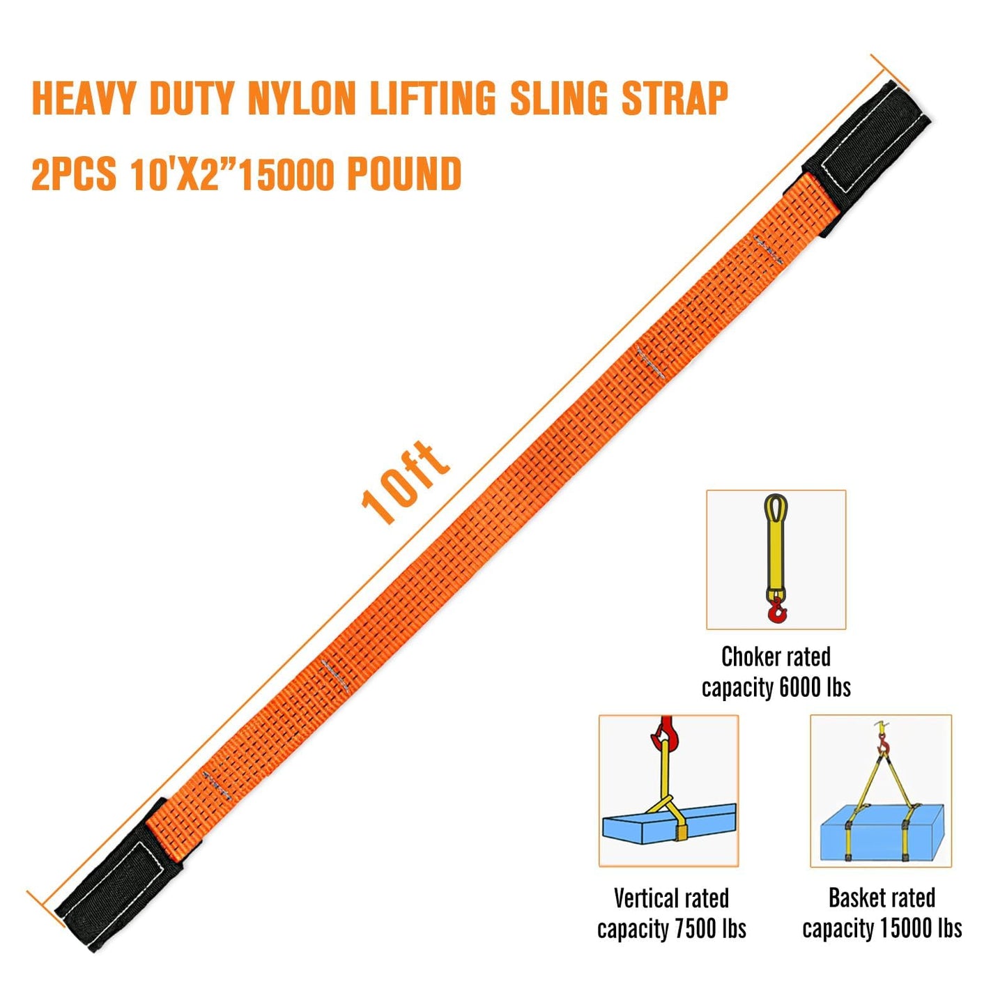2 Pcs 2" x10FT Heavy Duty Nylon Lifting Sling Strap, 15000lb Capacity Super Sturdy Flat Eye Rigging Strap for Hoist, Towing, Moving, Tree Saver Recovery, and Winch