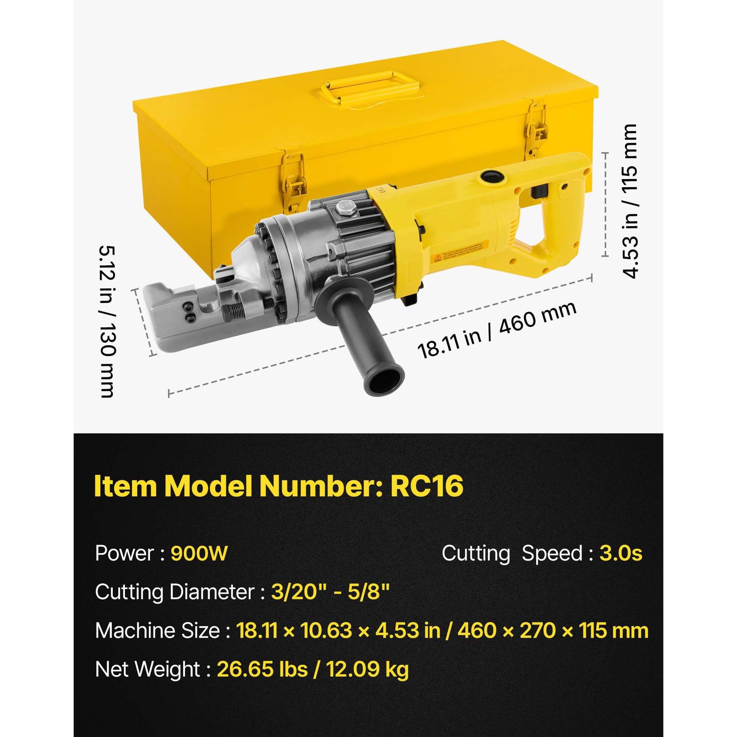 Happybuy Electric Hydraulic Rebar Cutter 900W RC-16 110V - Portable, Cuts #5 4-16mm Rebar in 3 Seconds, with Stainless Steel Carry Case