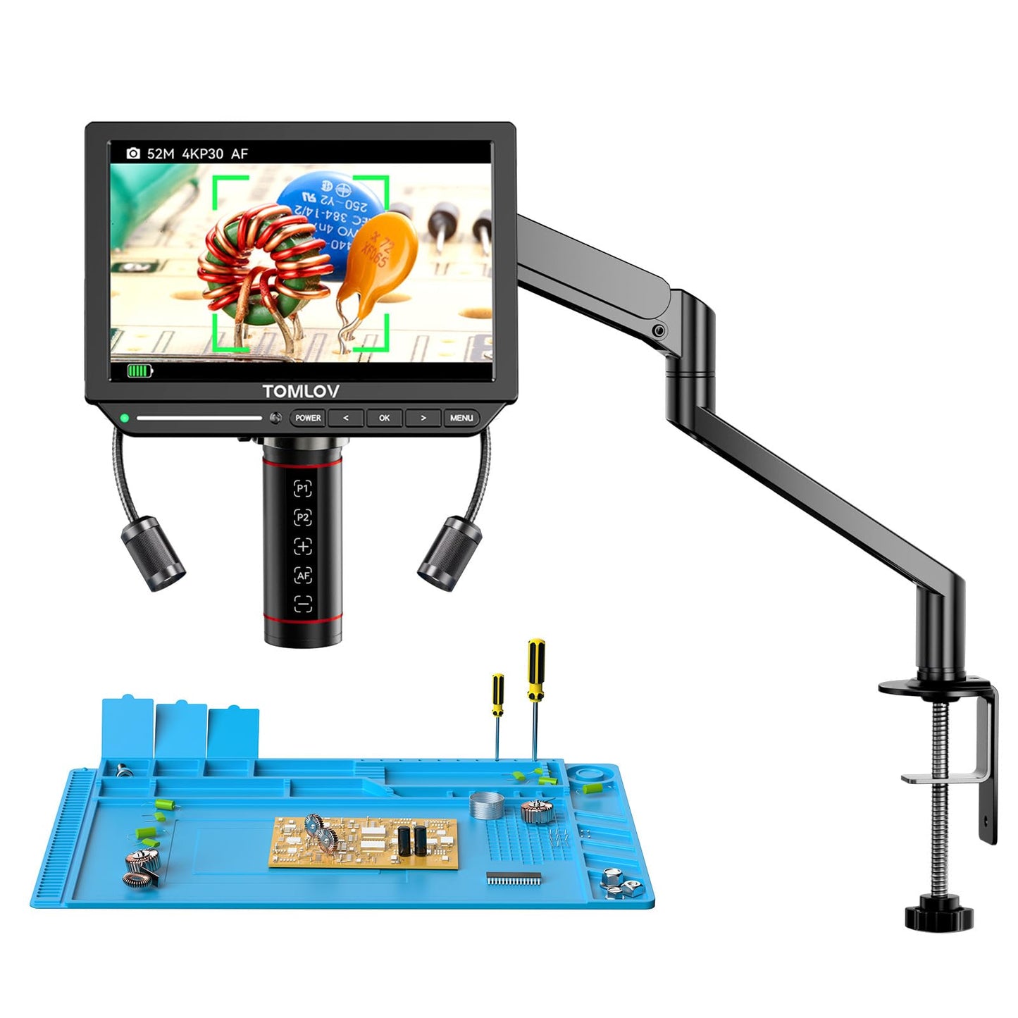 TOMLOV Autofocus 4K Digital Microscope: 8" TM4K-AF Flex Arm HDMI Micro Soldering Microscopes for Adults, Side Lights Coin Microscope, 52MP LCD Microscopes with Screen, Electronics Repair Mat,16GB