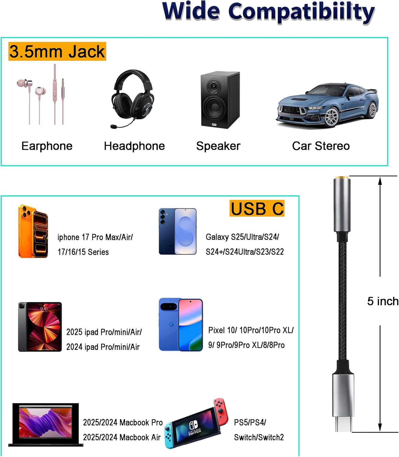 RIAYVIL 3.5mm USB-C to Headphone Jack Adapter,Type-C to Aux Audio Female Adapter