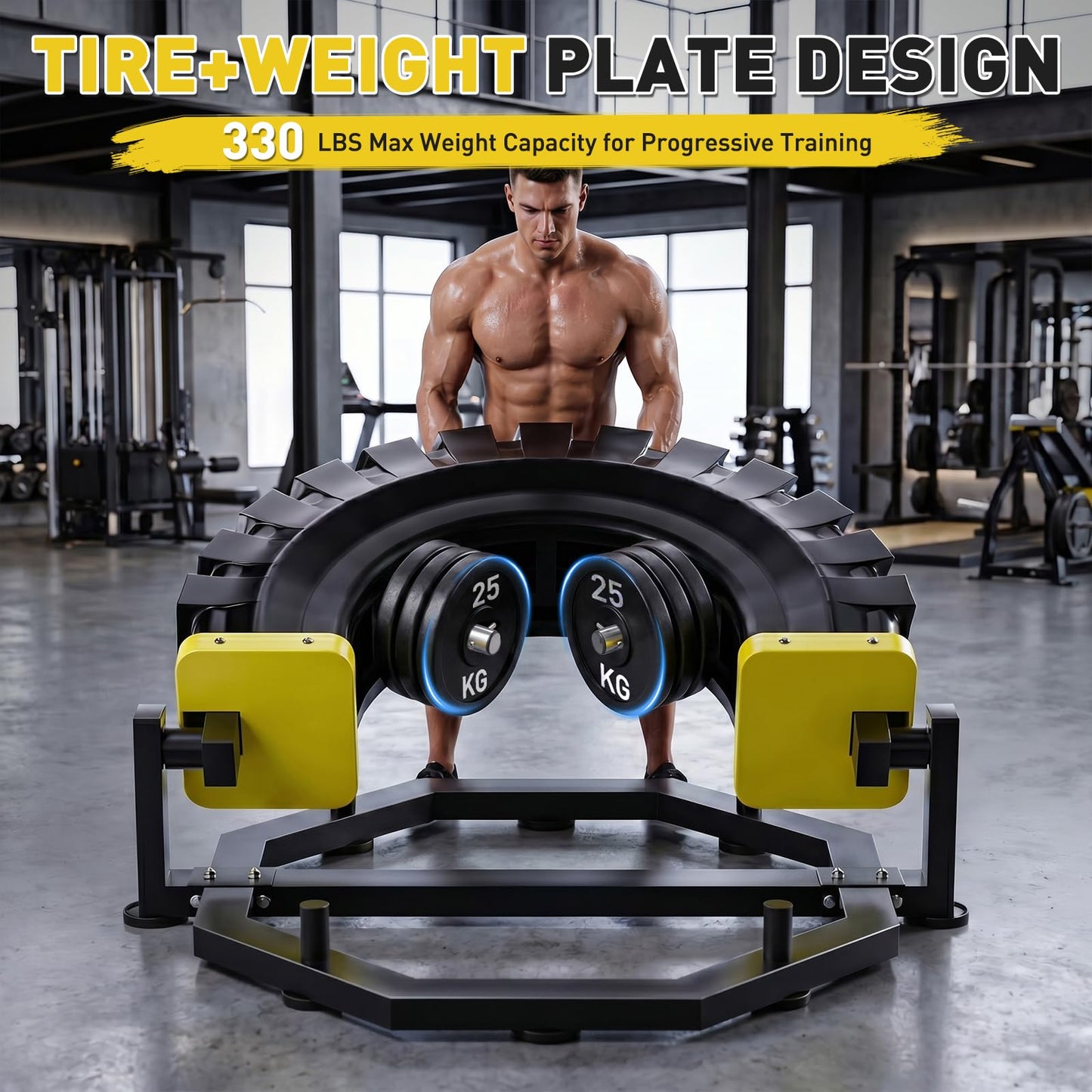 Tire Flip Trainer, Heavy Duty Steel Tire Flipping Machine with Weight Plate Posts, Non-Slip Base for Crossfit, Gym & Home Workouts, Expandable Full-Body Training Equipment
