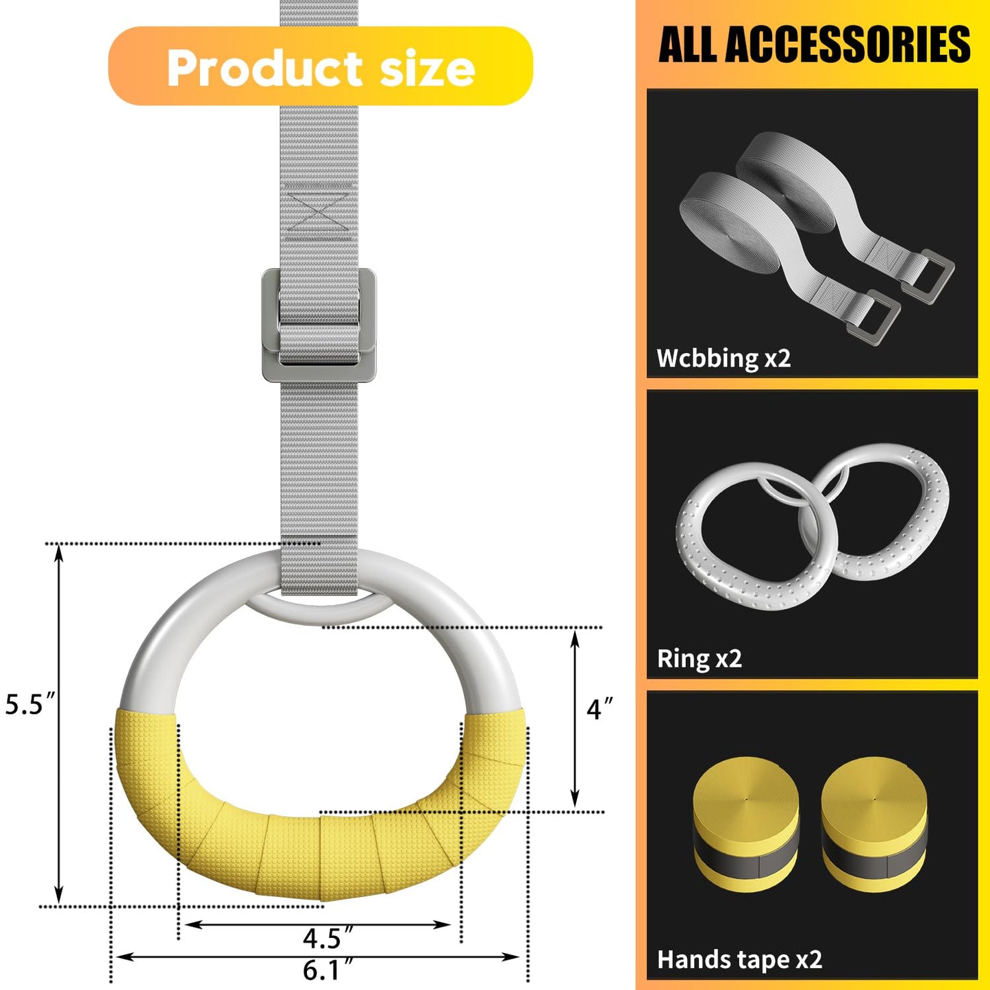 DONIUZ Gymnastic Rings, Both for Adults and Kids, Adjustable Strap Strength Home Exercise Gym Rings for Strength/Physical Training, Indoor Gym Anti -Slip Surface Design Rings
