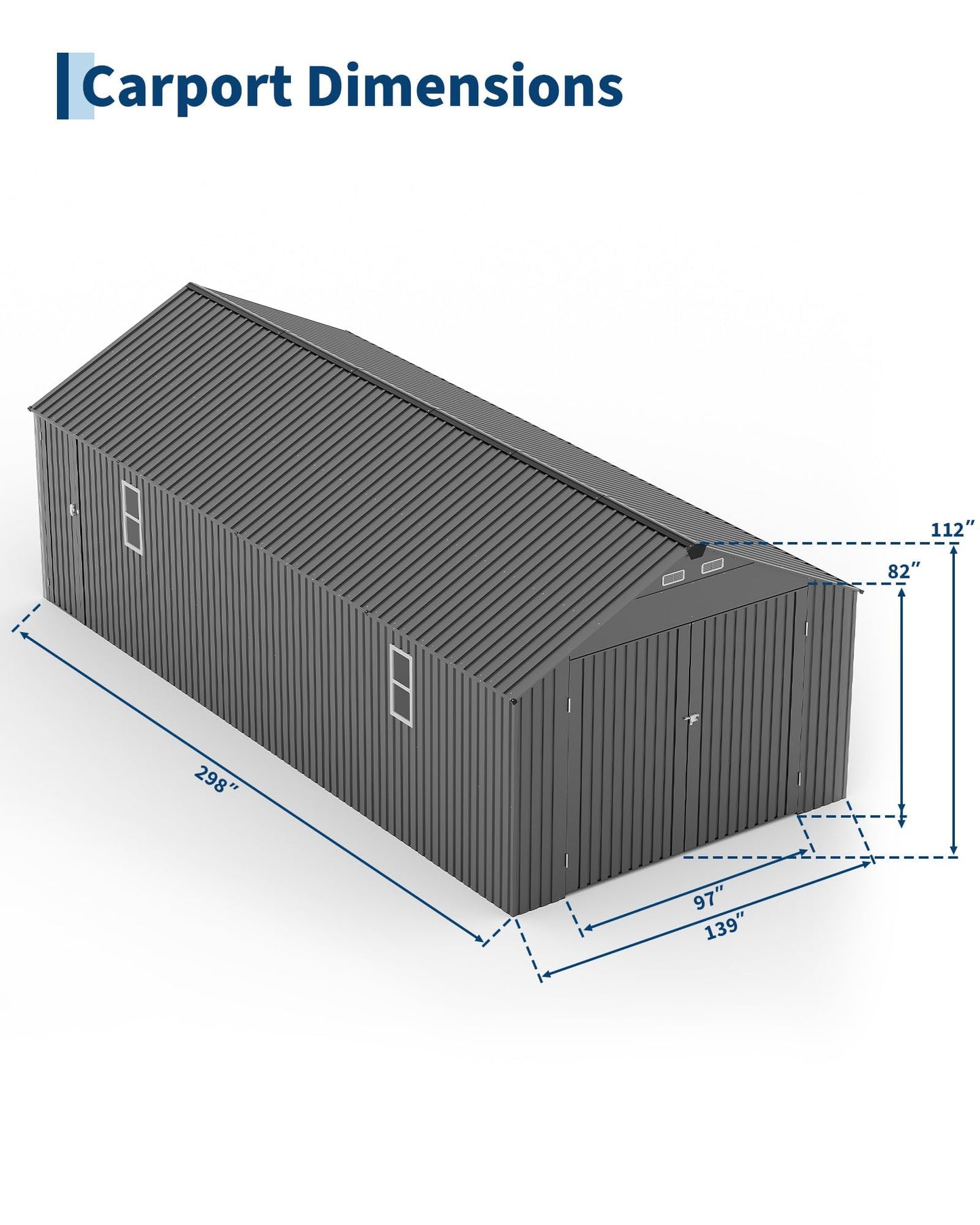 12x25 FT Metal Garage Shed, Outdoor Extra Large Storage Shed with Double Hinged Doors, 4 Windows, Heavy Duty Carport for Cars, Boats, Trucks and Equipment Storage, Gray