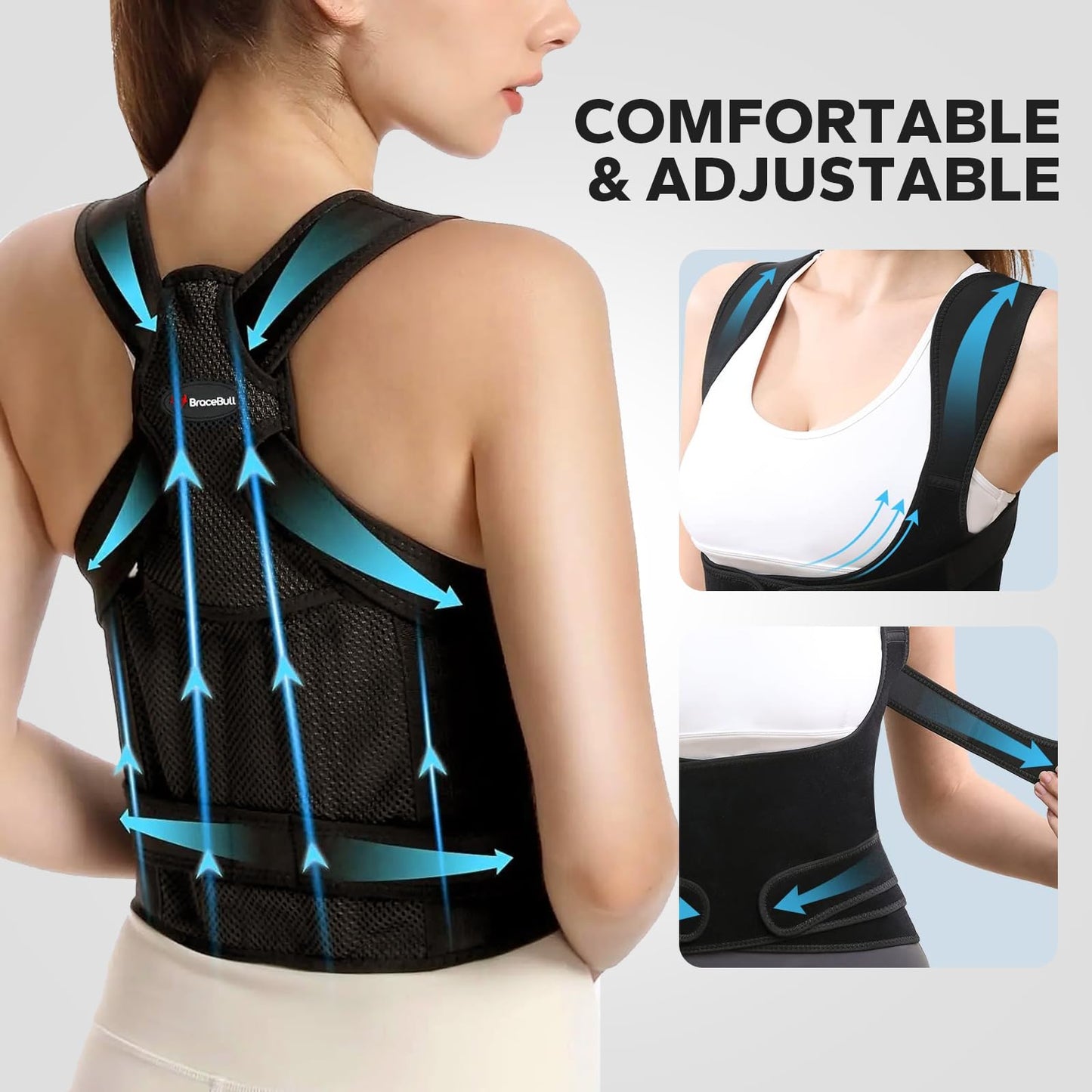 BraceBull Posture Corrector for Men and Women, Upper Back Support Brace with Adjustable Shoulder Straps for Comfortable Posture Training – Invisible Under Clothing (Large 35.4-41.3‘’)