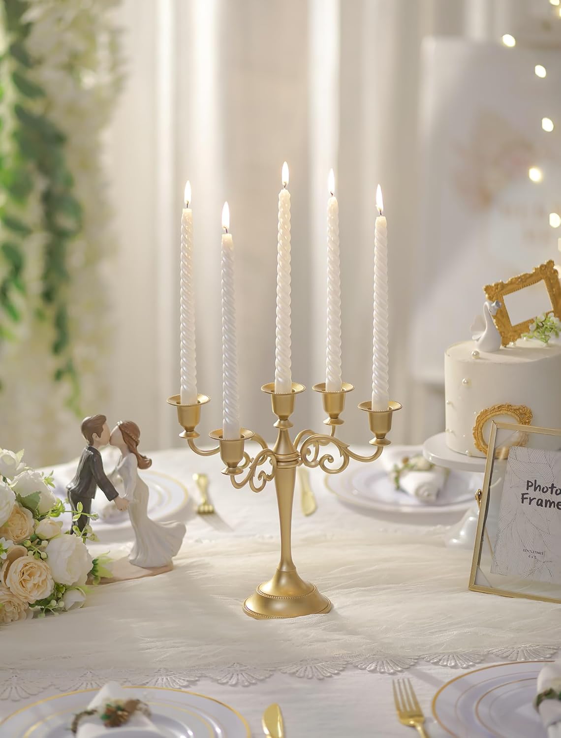 Sziqiqi Gold Candelabra | 10-Inch Table Centerpiece Candle Holder for Taper Candles - 5 Arms Design