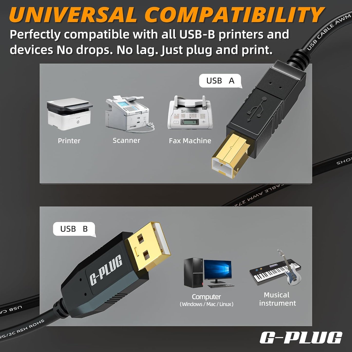 2.0 6FT G-PLUG USB Printer Cable High-Speed USB A to B Cord, Compatible with Printers, Scanners, Fax Machines and More