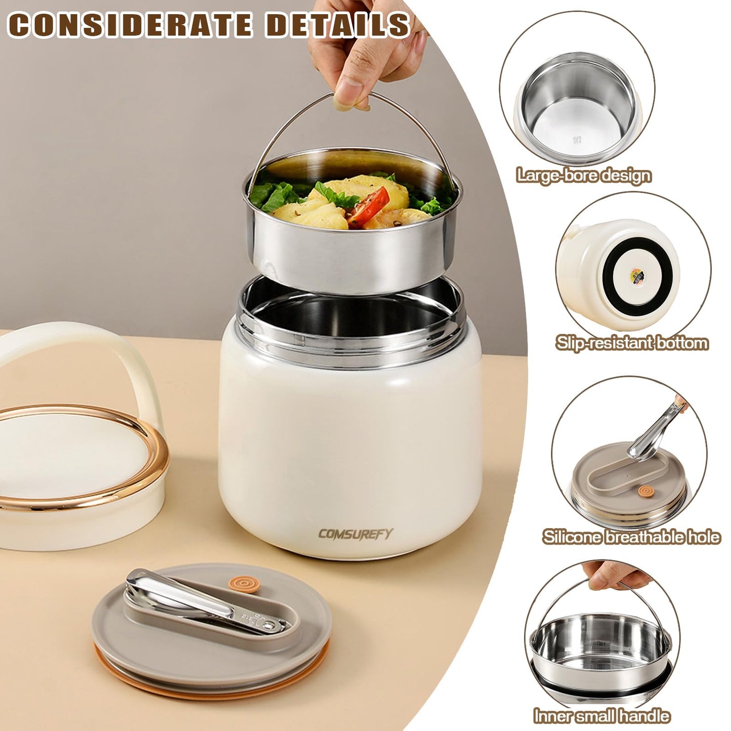 COMSUREFY 40oz/1.2L Thermo for Hot Food for Adults - 18/10 Stainless Steel Vacuum-Insulated Double-Wall, 100% Leak-Proof Wide Mouth, with Folding Spoon for Office/Travel/Outdoor