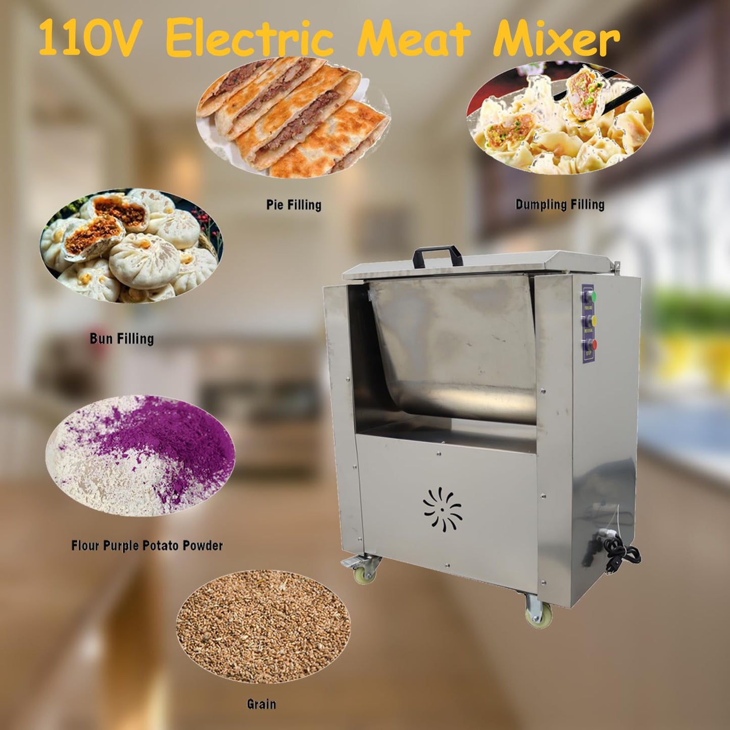 Banfluxion 110V Commercial Electric Meat Mixer Stainless Steel Meat and Vegetable Blender Electric Food Mixing Machine, 50L, 1.5KW
