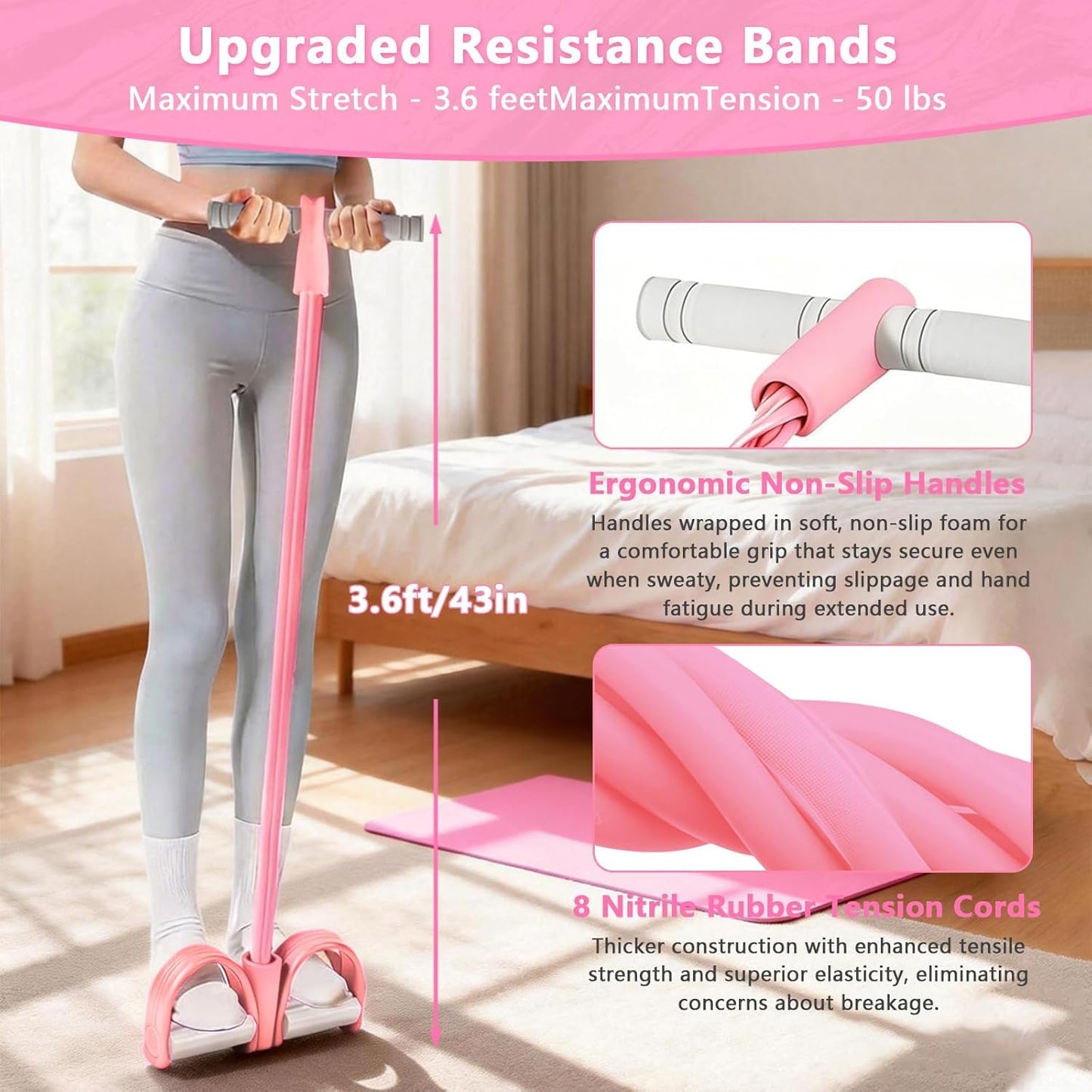 8-Tubes Pedal Resistance Band with Handle, Multifunction Exercise Rope for Working Out, Foot Pedal Resistance Band for Abdomen, Waist, Arm, Leg, Pink