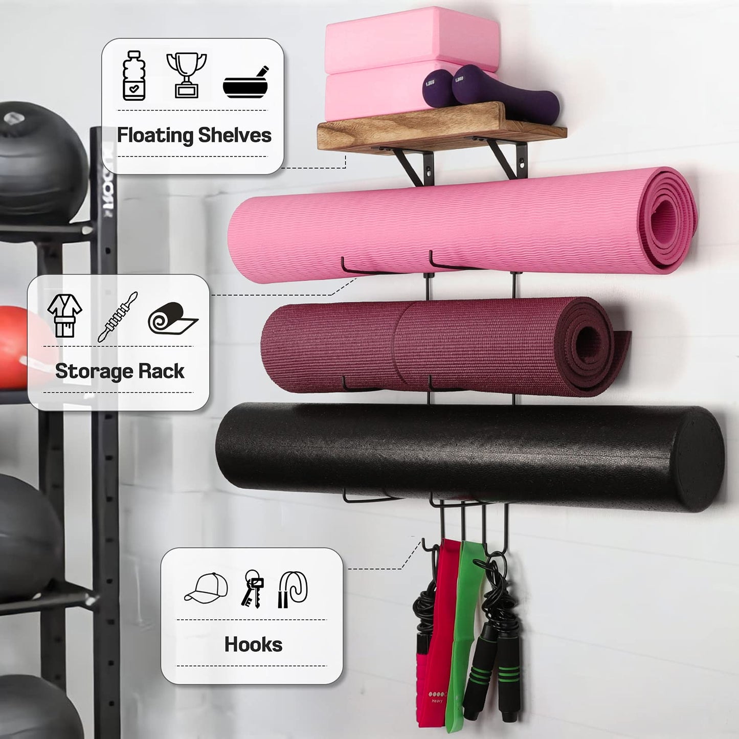 2 PACK Yoga Mat Holder Wall Mount Yoga Mat Storage Shelf Rack Home Gym Accessories with Wood Floating Shelves and 4 Hooks for Hanging Foam Roller and Resistance Bands Home Gym Carbonized Black