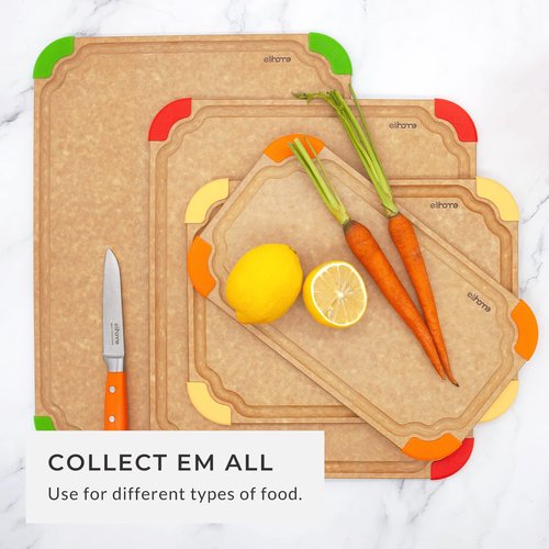 Elihome Premium Series Color Code Wood Fiber Dishwasher Safe Cutting board for Kitchen, Food Icon, Juice Grooves, Non-Porous, Non-slip Feet,Made in USA, X-Large 19 x 14 x 1/4"