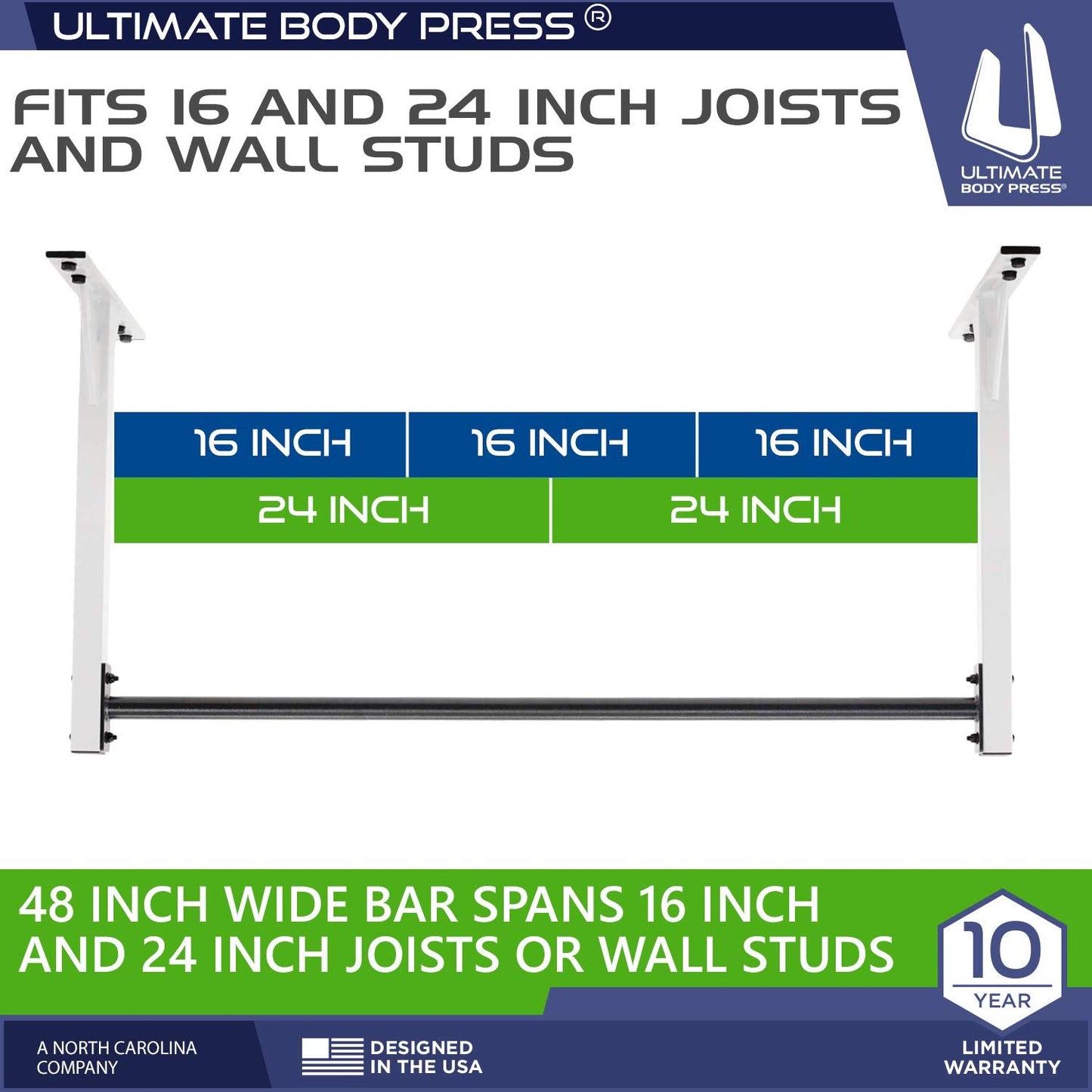Wall or Ceiling Mount Pull Up Bar with 48” Straight Bar and 22” Risers, Double Wall Mounting Plates Fit 16” or 24” Studs and Joists by Ultimate Body Press