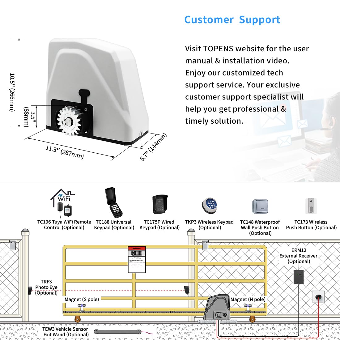 TOPENS RK1100T Automatic Sliding Gate Opener Rack Drive Electric Gate Motor for Heavy Driveway Slide Gates Up to 2800 Pounds, Security Gate Operator AC Powered with Nylon Gear Rack and Remote Control