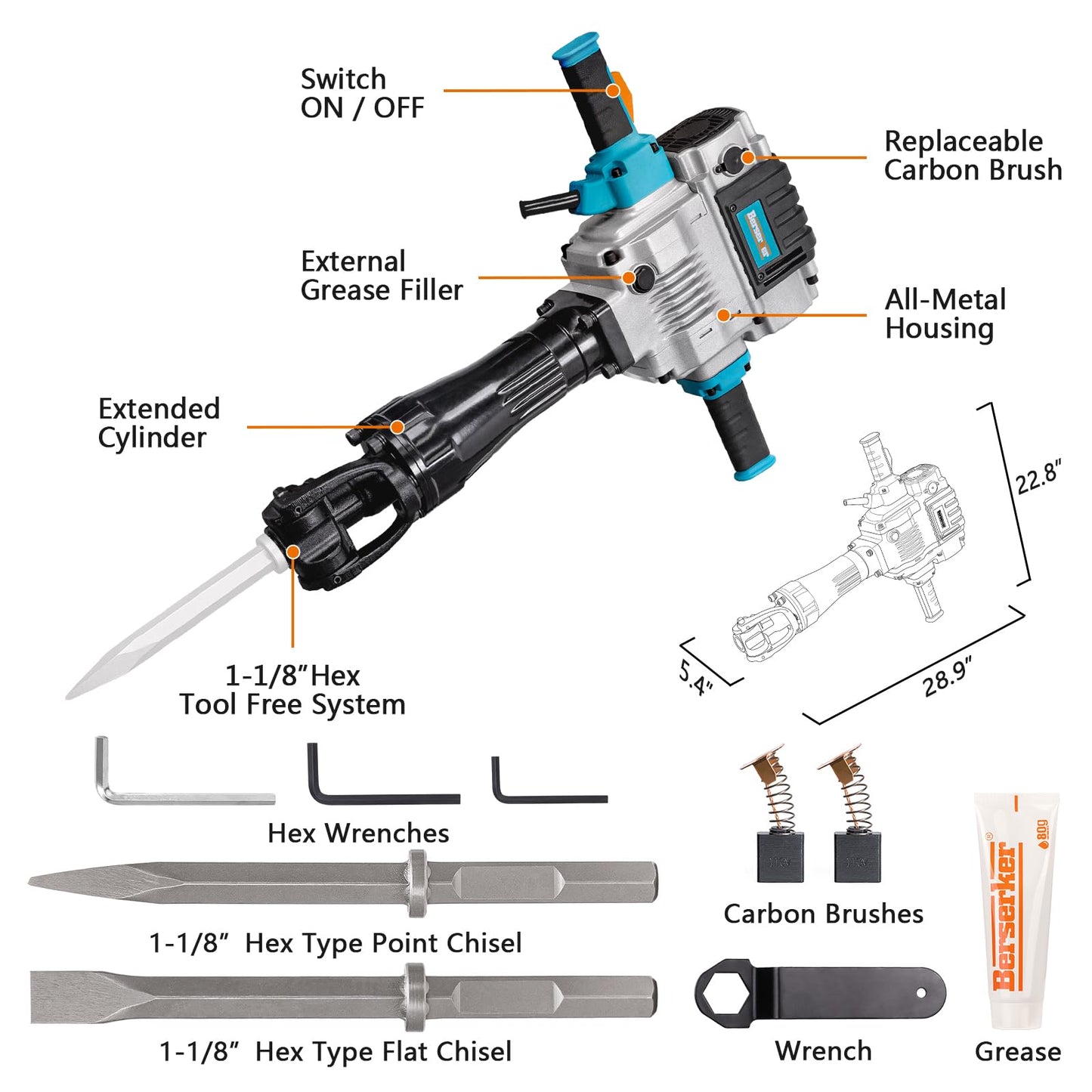 Berserker 55-Pound 1-1/8" Hex Shank Breaker Hammer, 2100W 17-Amp Heavy Duty Concrete/Pavement Demolition Jack Hammer with Carrying Case Bull Point Chisel & 2 Flat Chisel