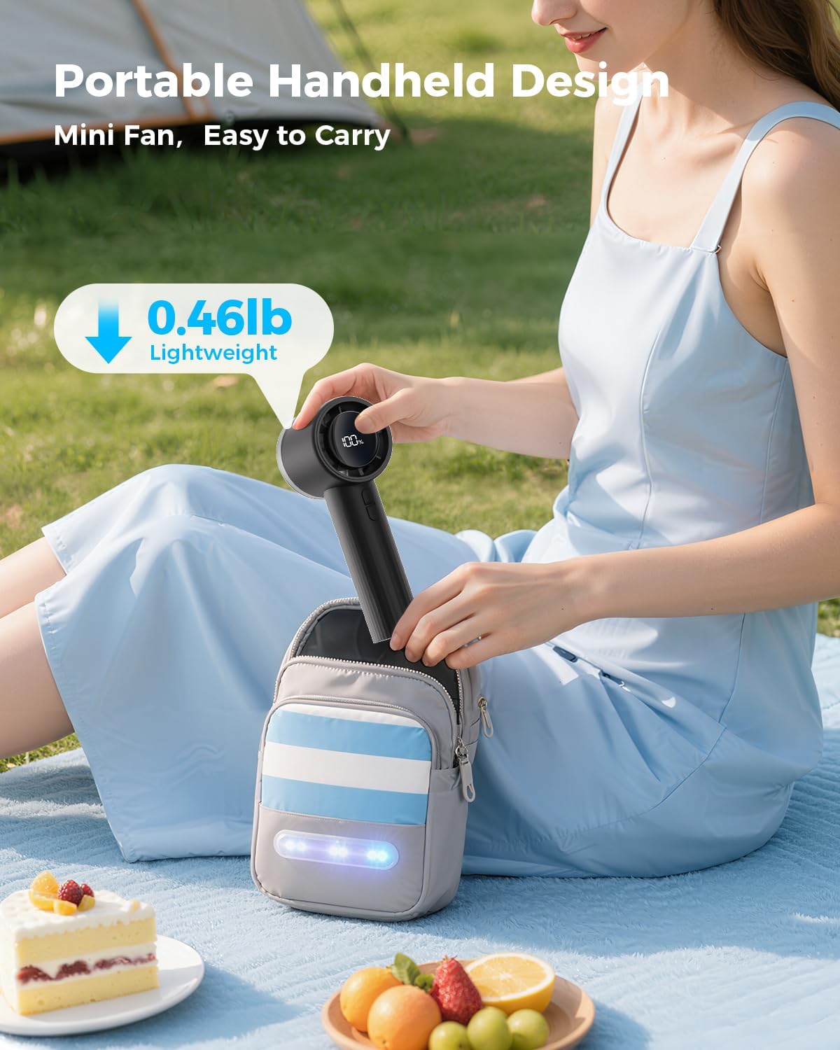 Sweetfull Portable Handheld Fan - Rechargeable Mini Turbo Fan with Flashlight & Digital Display | Black