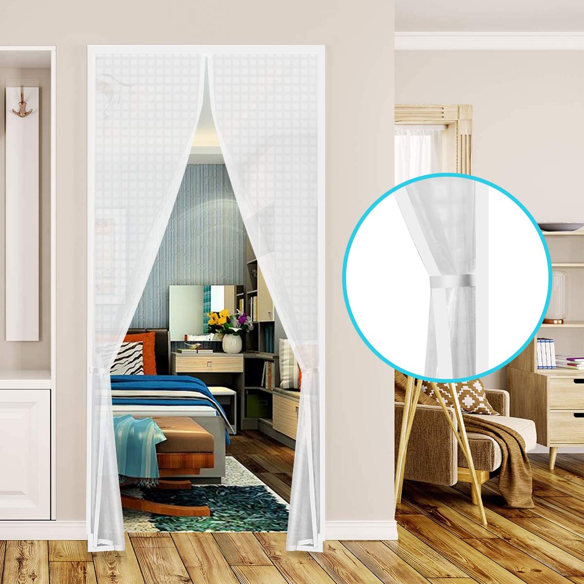 Insulated Door Curtain, Thermal Magnetic Self-Sealing Door Screen Winter Stop Draft Keep Cold Out Cover for Kitchen, Bedroom, Air Conditioner Room,Hands Free, Fits Doors up to 36" x 82", White
