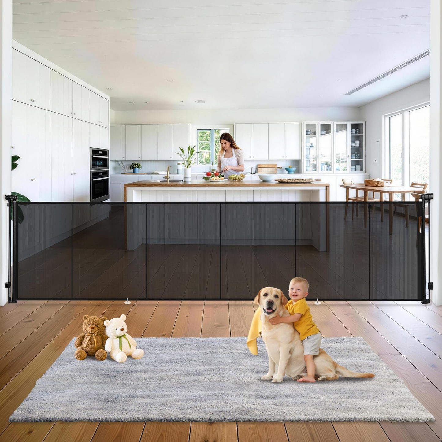 160" Retractable Baby Gates Dog Gate Extra Wide, 42" Tall Child Pet Safety Gate with Reinforced Strips for Stairs, Long Mesh Garage Gates Fence for Outdoor Indoor Large Openings Driveway Decks Patio