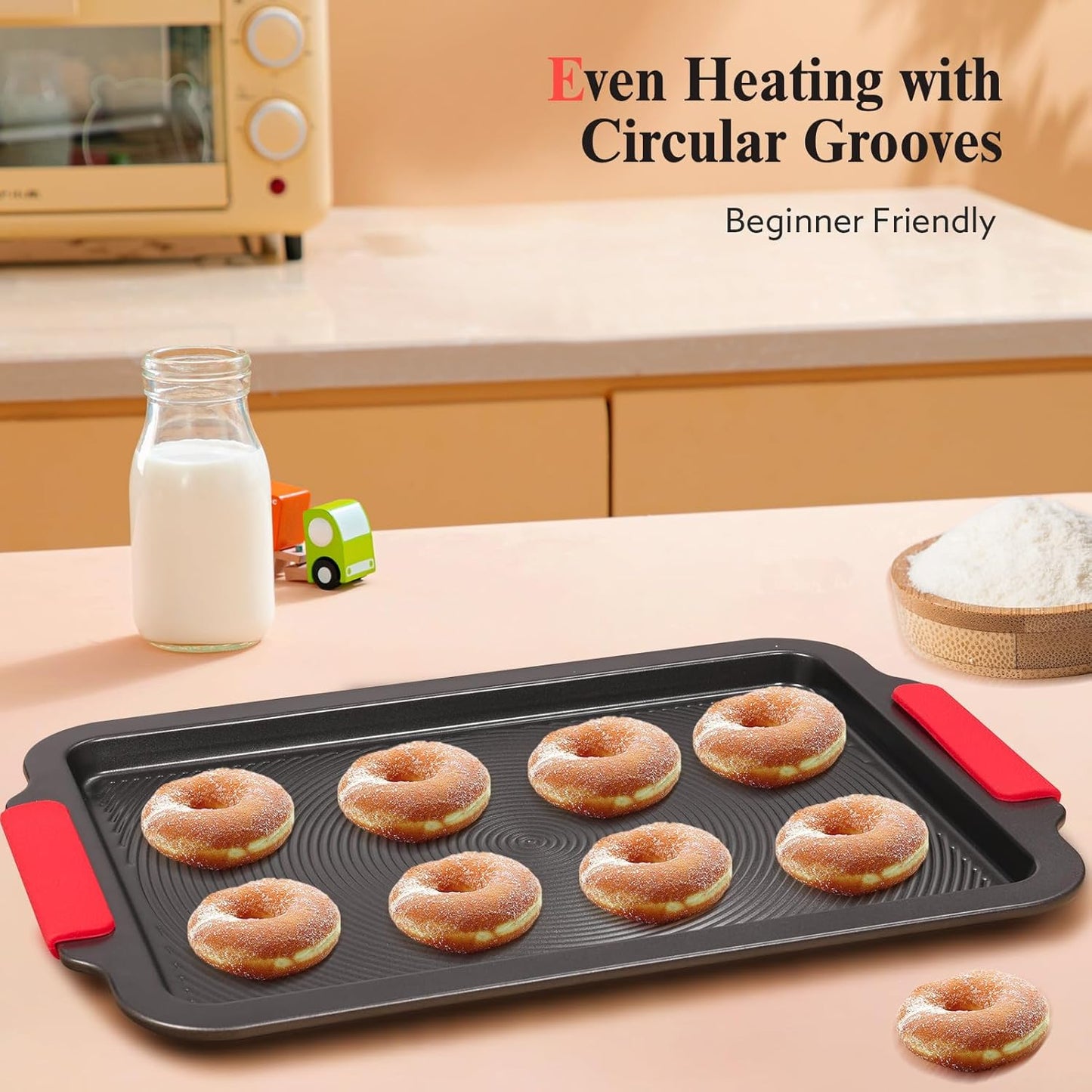 Skiennix Nonstick Baking Sheet - 16x11in Cookie Sheet with Circle Grooves & Red Grips | PFAS/PTFE Free, Gray