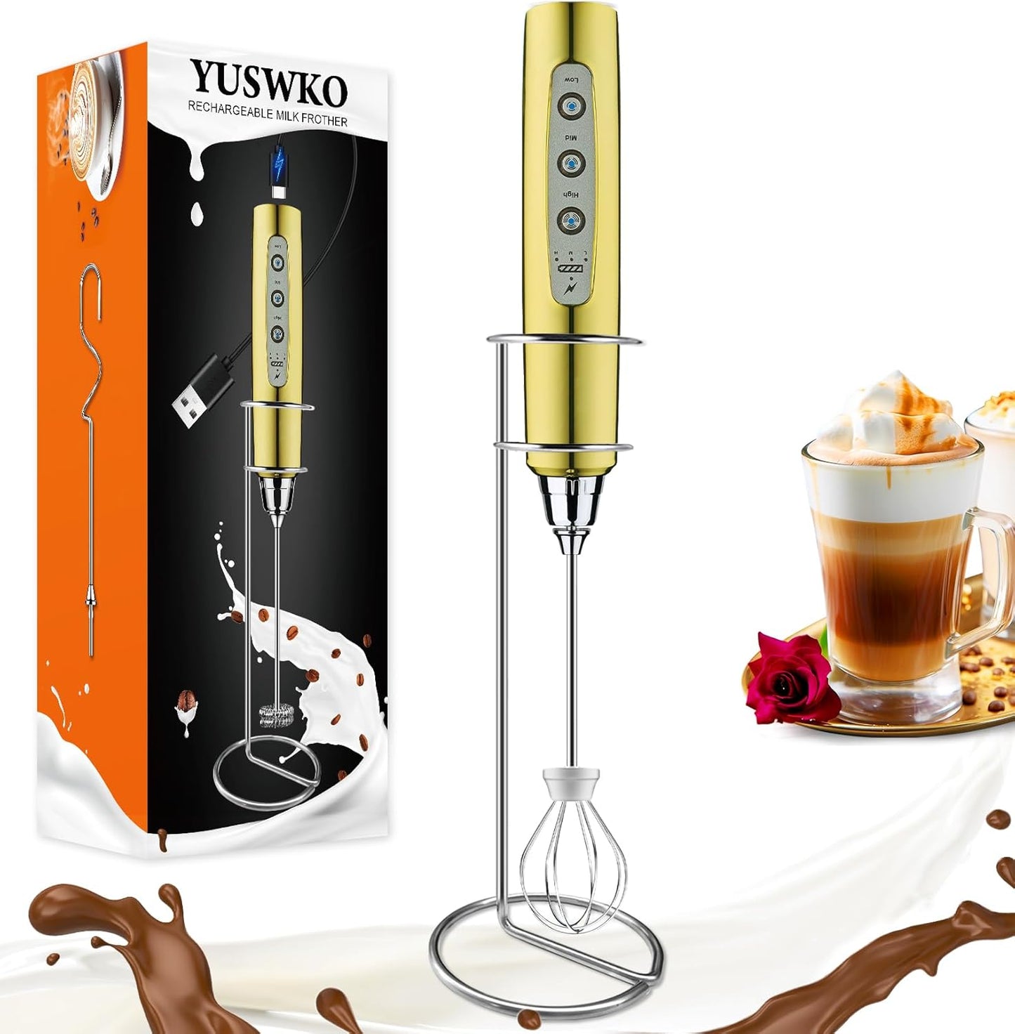 YUSWKO Handheld Milk Frother - Champagne Gold Electric Whisk with Stand, 3 Speeds & 3 Heads for Coffee, Latte & More