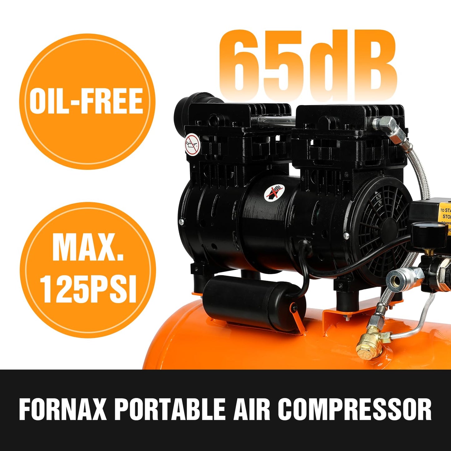 FORNAX Portable Air Compressor 6.4 Gallon, 1 HP 2.2CFM@ 90 PSI Oil Free Air Compressor, Max Pressure 125 PSI, 65 dB Quiet Compressor for Auto Repair, Tire Inflation, Spray Painting, Woodwork Nailing