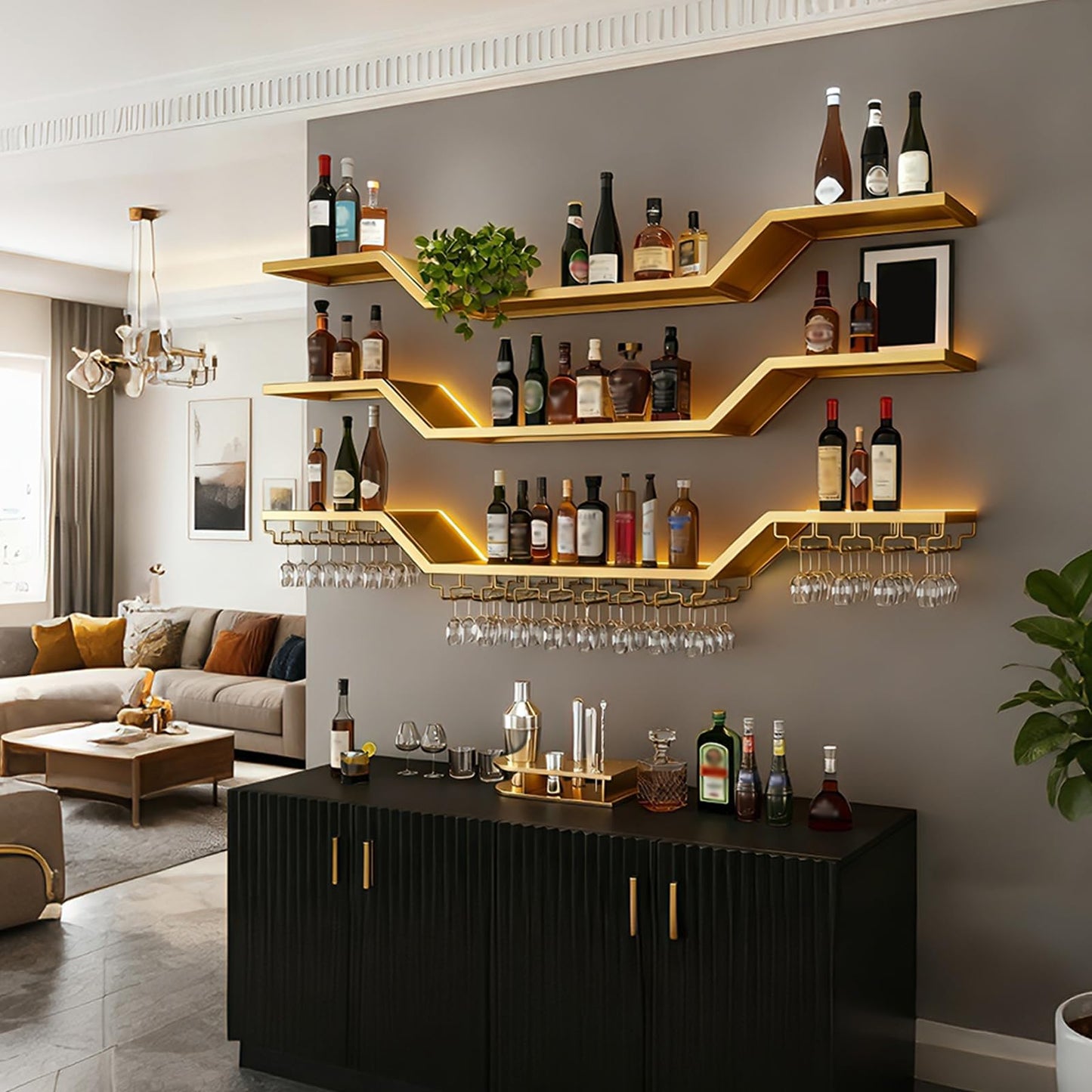 TAUODUYY 63in Modern LED Wine Rack Wall Mounted, 3-Tier Floating Bar Shelves with Wine Glass Rack, Large Hanging Liquor Shelf Wall Mounted, for Home Bar Dining Room Cafe Decorative (Gold, 63in/160cm)
