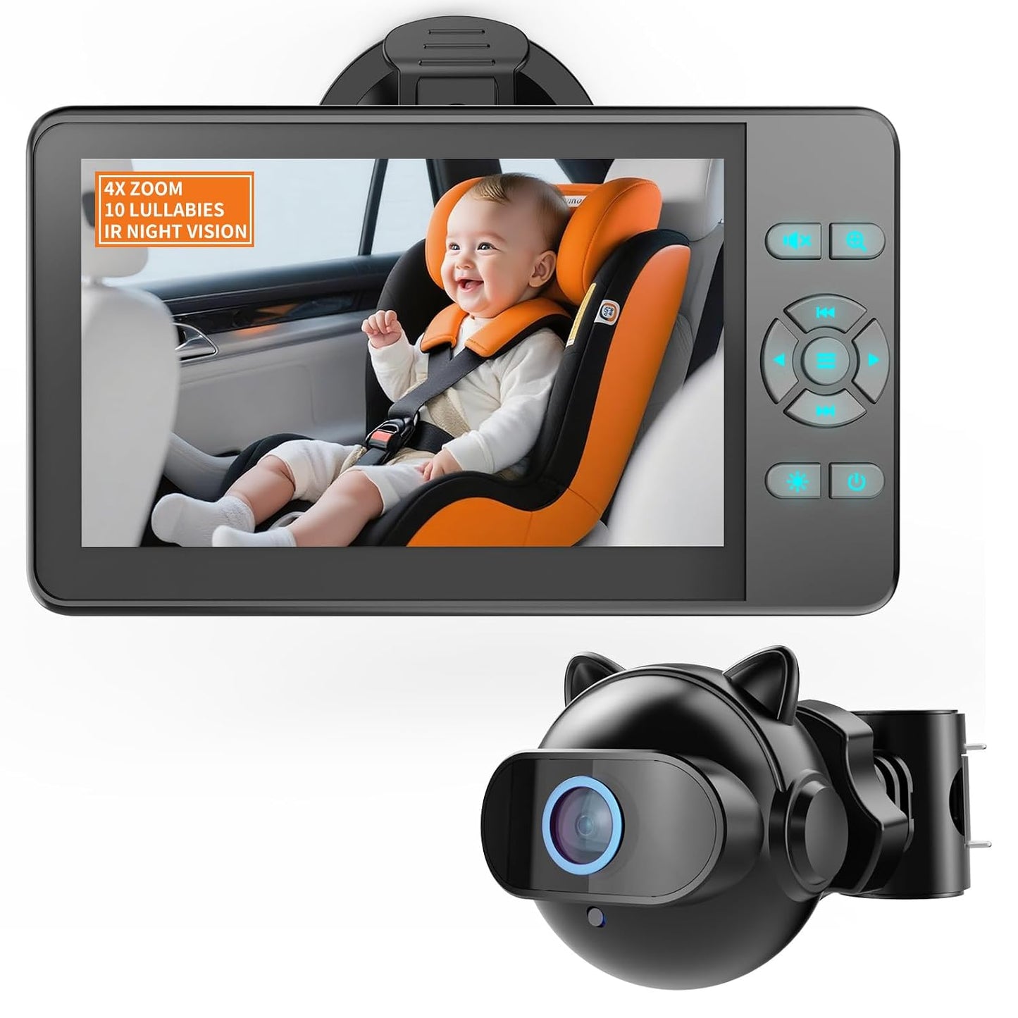 Setup 4.3'' 1080P 4X Zoom,10 360 Baby Car Camera,Plug and Play Easy HD Car Baby Monitor with Lullabies, Auto IR Night