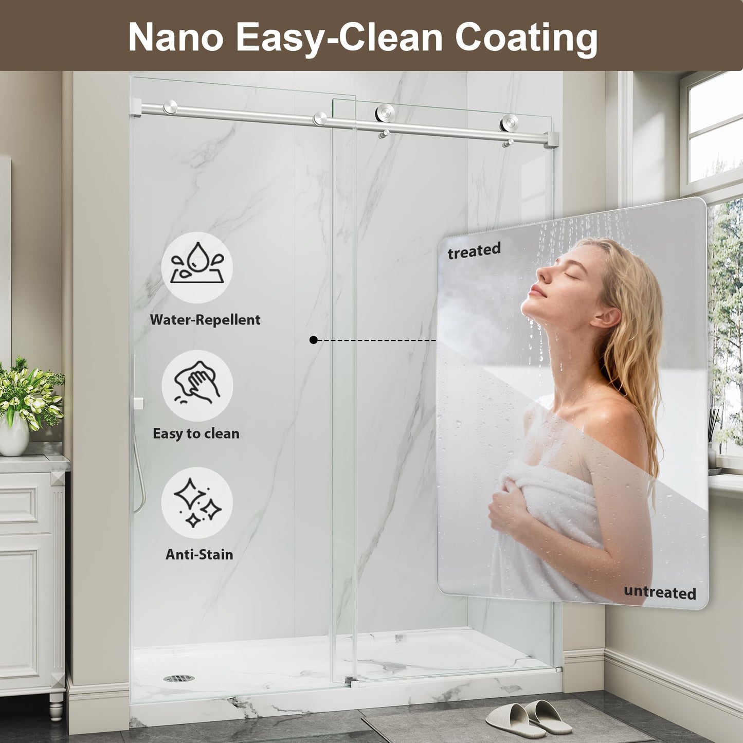 Frameless Glass Shower Door,55-60" W x 72" H Single Sliding Frameless Shower Door,1/4"(6mm) SGCC Tempered Glass,Safety Explosion-Proof Film Nano Coating,Brushed Nickel