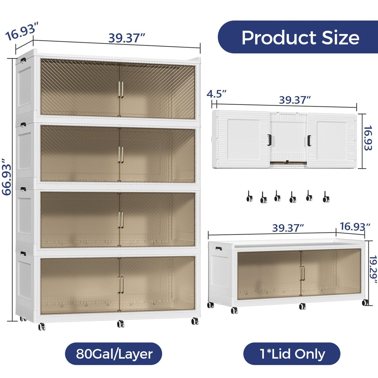 ARXYNEL 320GAL Extra Large Collapsible Storage Bins with Lid & Wheels, 1280QT Stackable Closet Cabinet with Doors, Folding Organizer Containers for Home, Office & Kitchen, 4Pack White